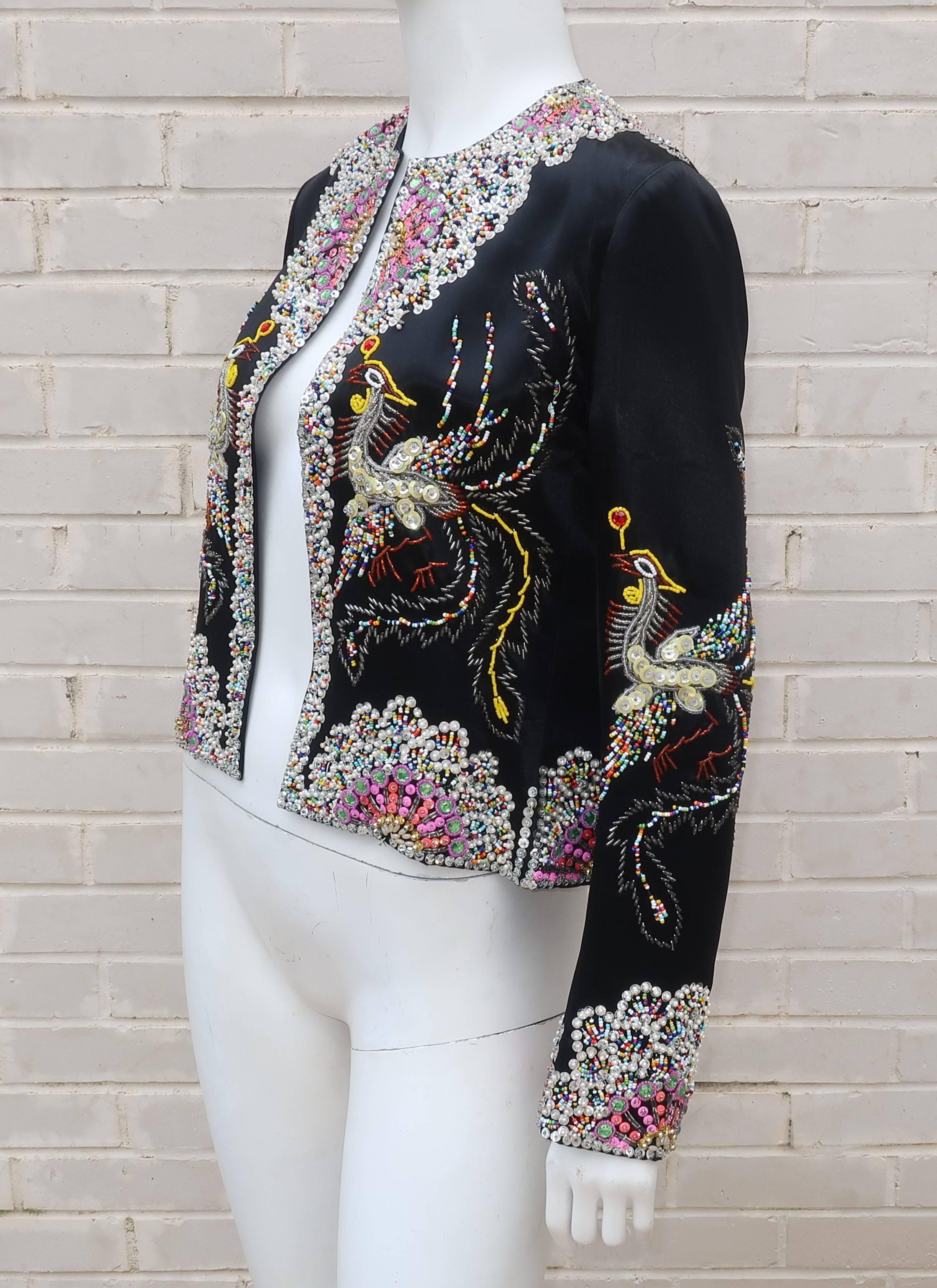 C.1960 Dynasty Colorful Beaded Black Satin Evening Jacket With Bird Motif 3