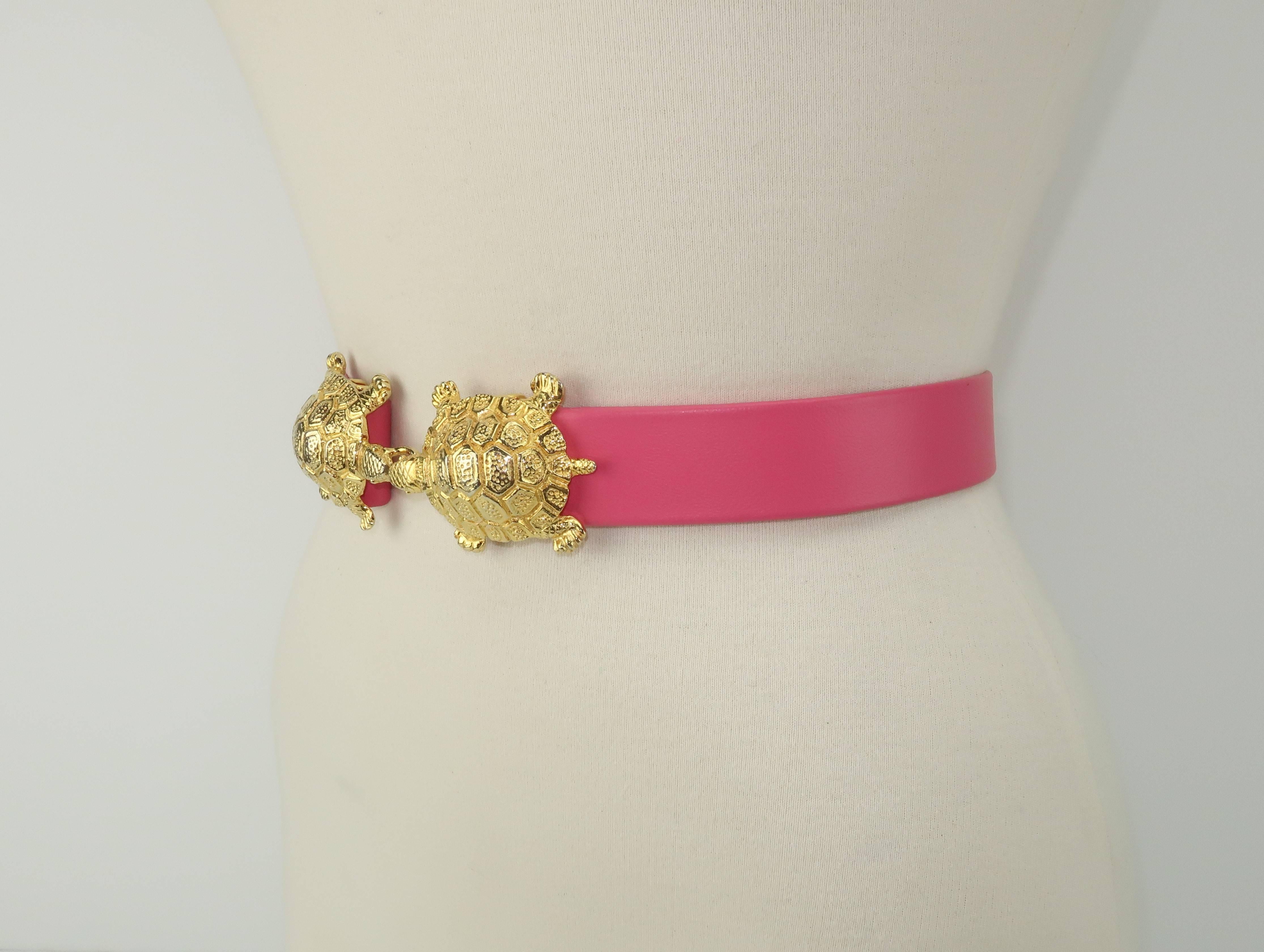 Brown 1974 Mimi di N Gold Tone Kissing Turtle Belt Buckles & Pink Belt