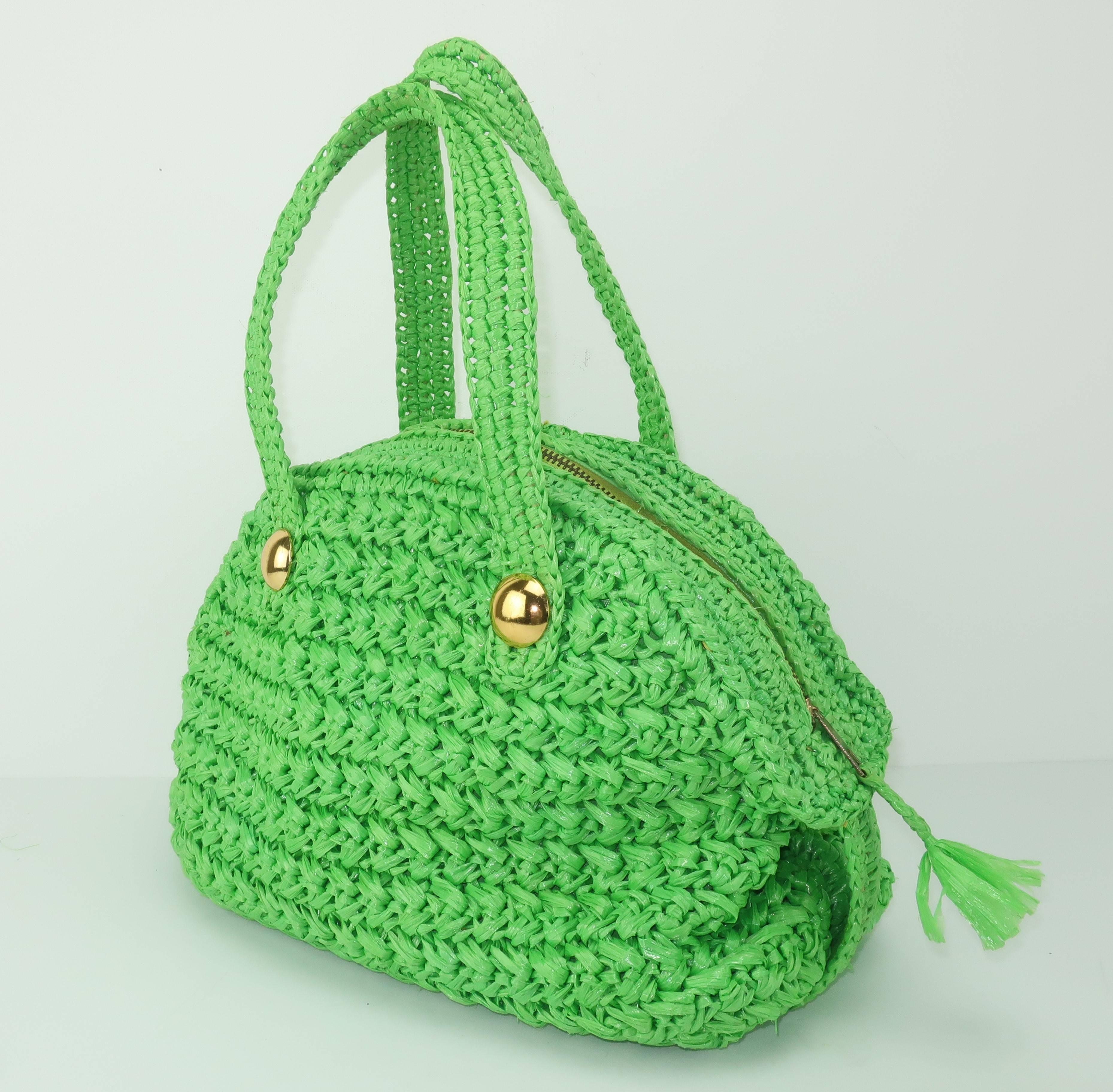1960's Marchioness Green Straw Satchel Handbag In Good Condition In Atlanta, GA