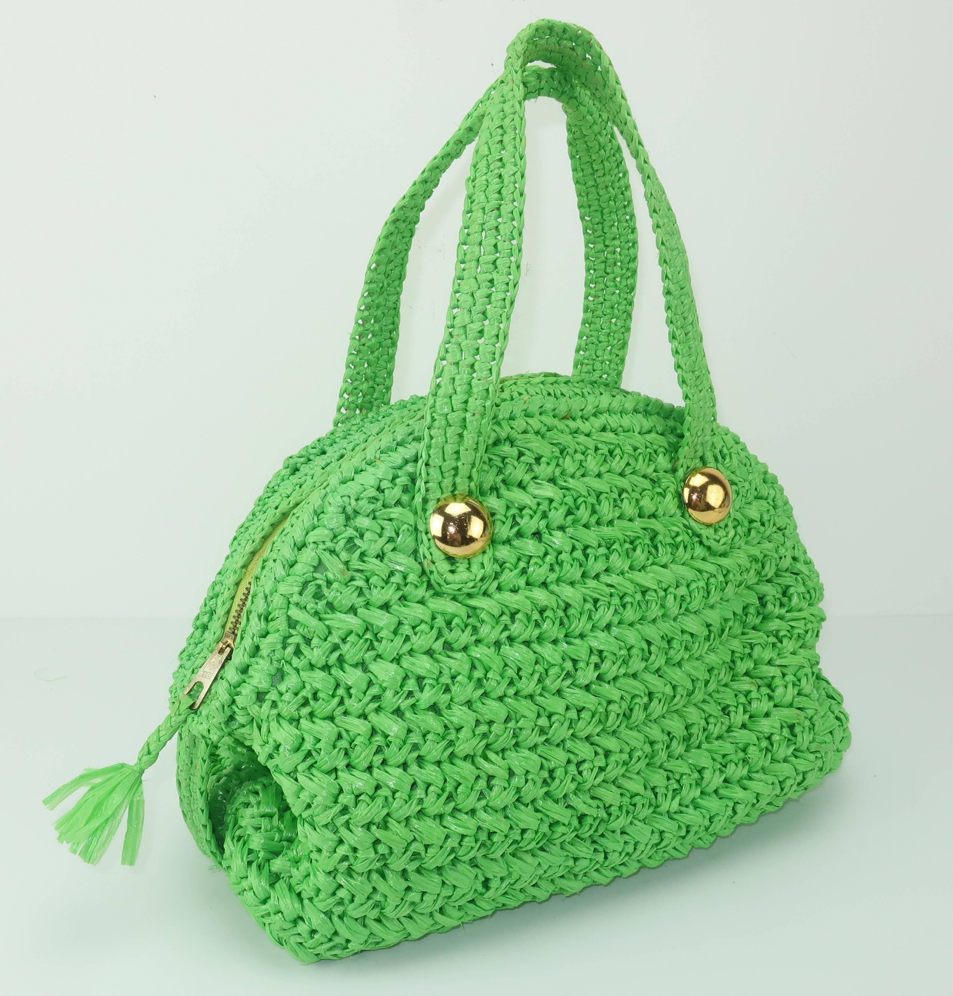 1960's Marchioness Green Straw Satchel Handbag 1