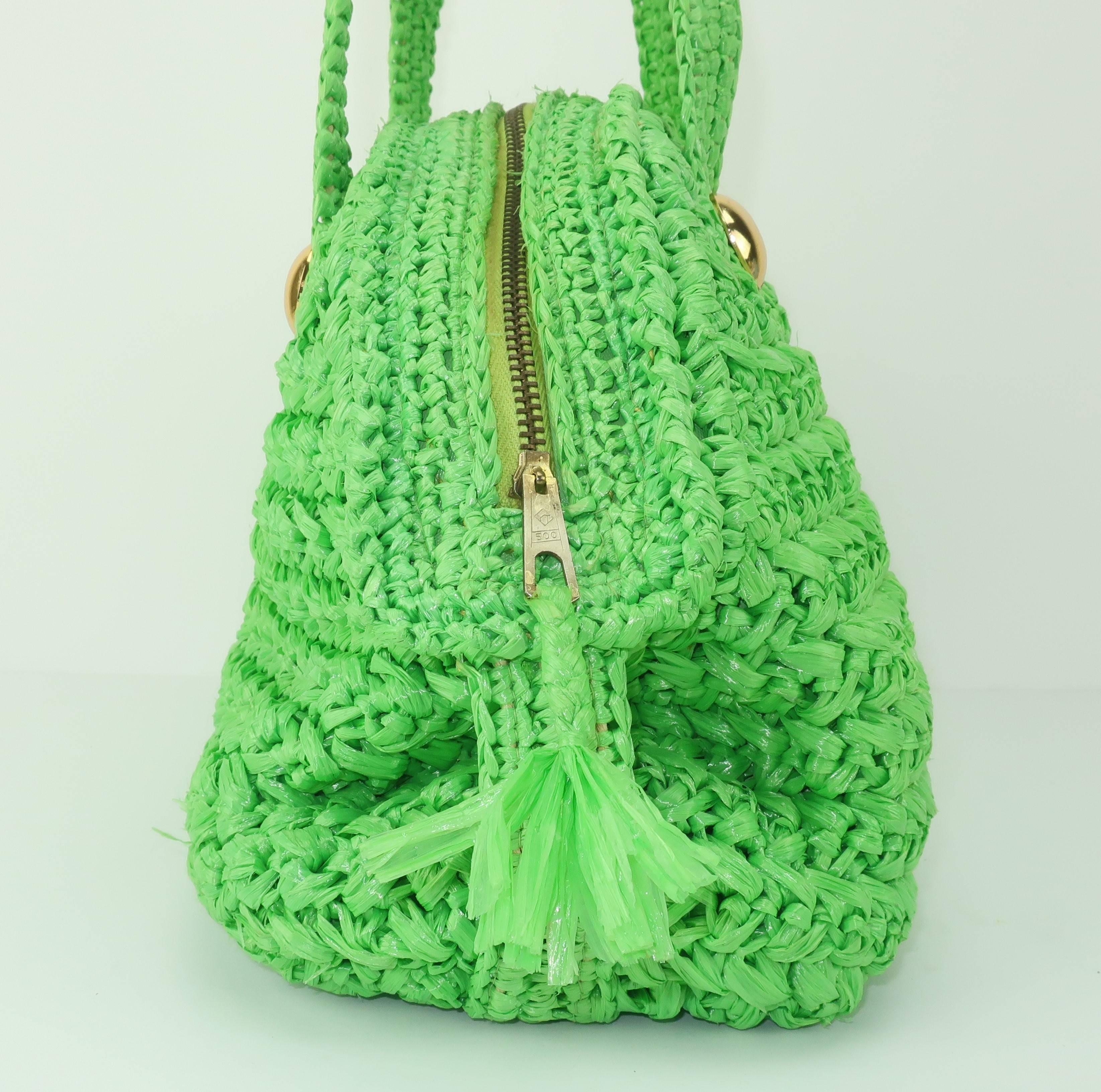 Women's 1960's Marchioness Green Straw Satchel Handbag