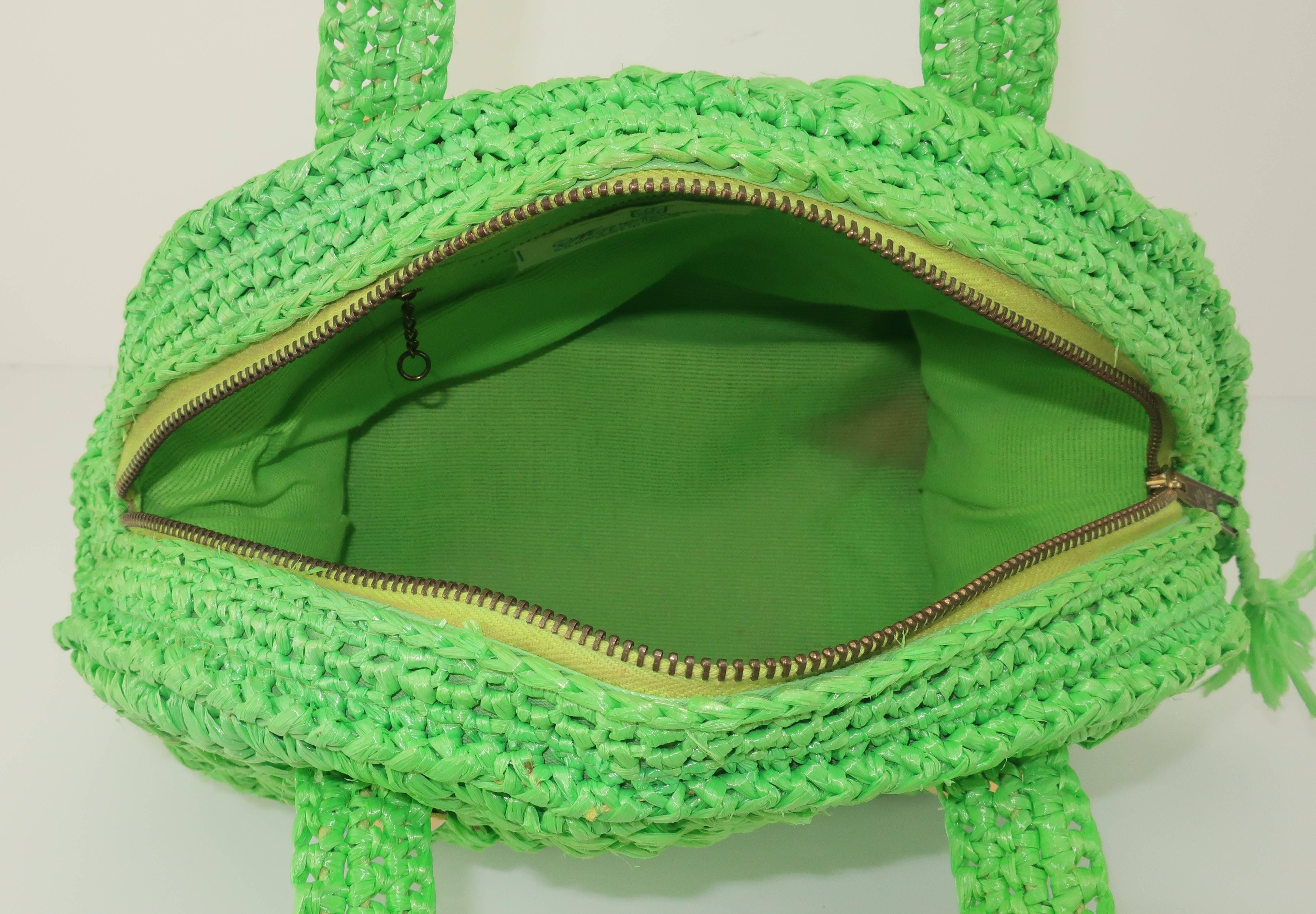 1960's Marchioness Green Straw Satchel Handbag 4