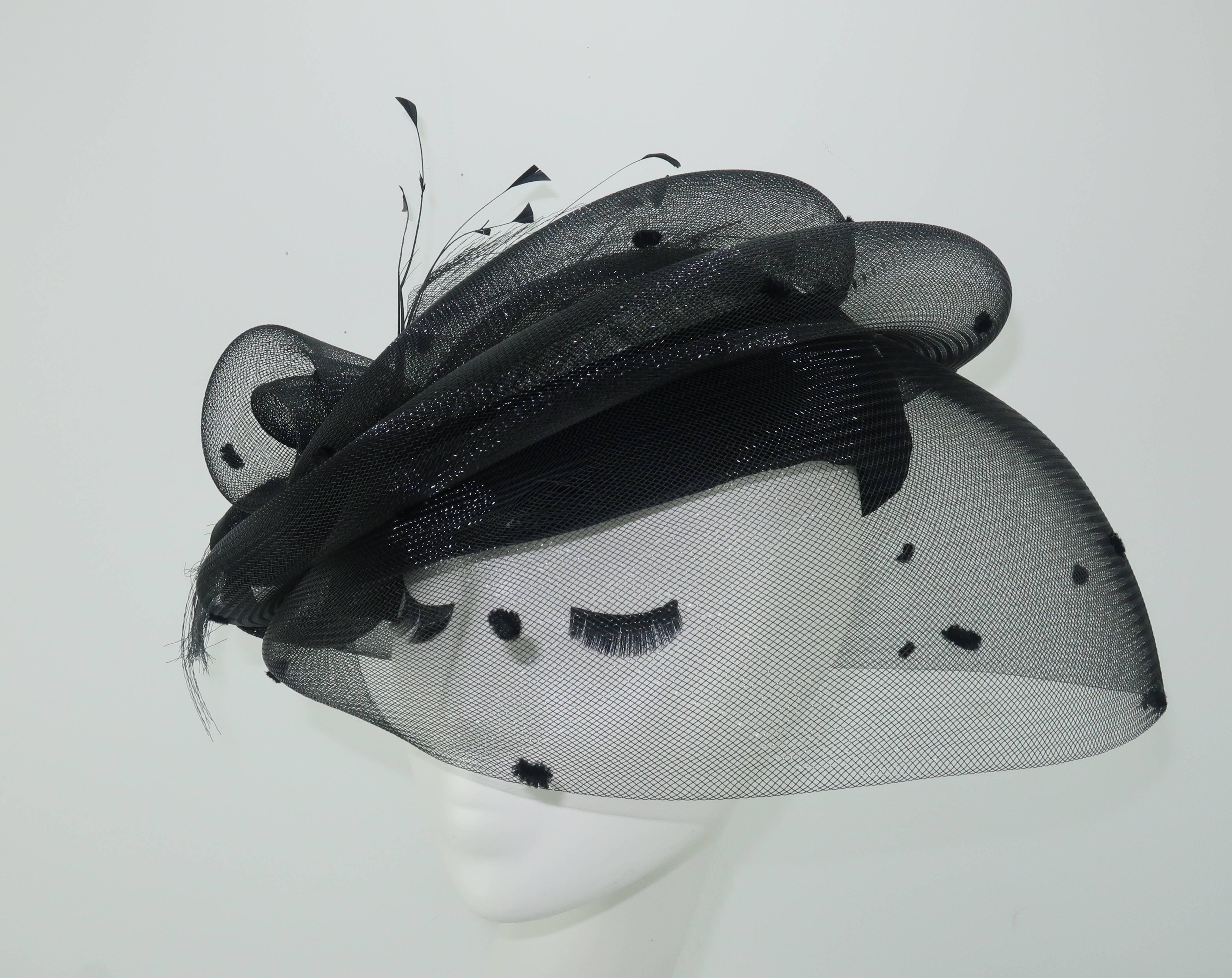 Vintage Marzi Sculptural Italian Black Net & Velvet Hat 5