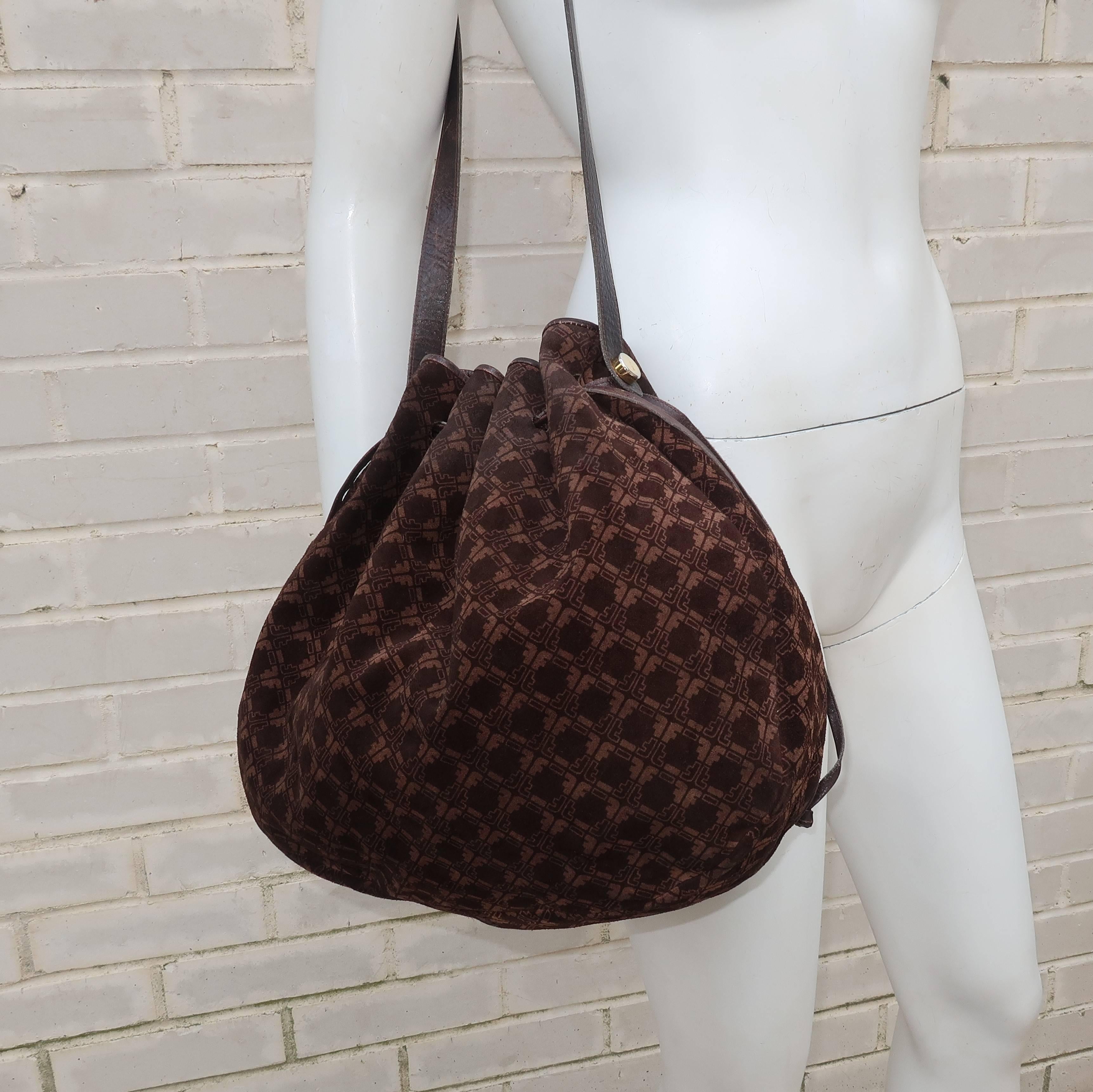 Black Vintage Ferragamo Brown Suede Logo Drawstring Hobo Handbag