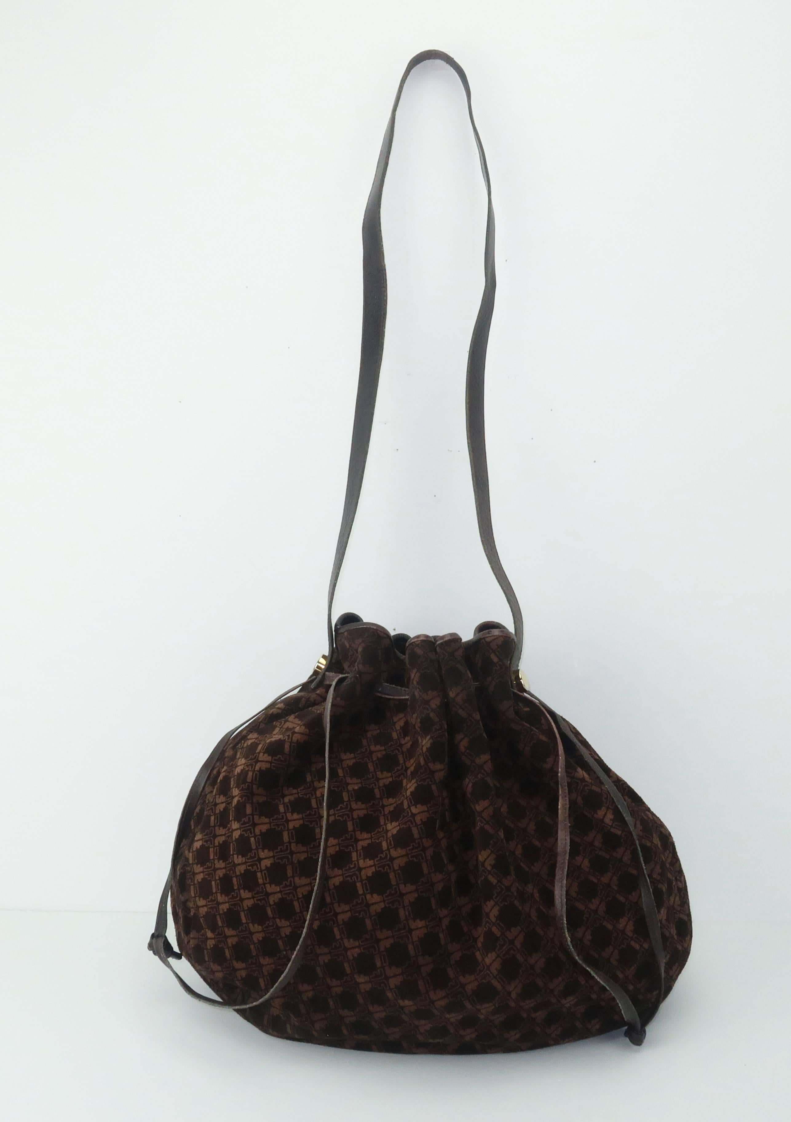 Women's Vintage Ferragamo Brown Suede Logo Drawstring Hobo Handbag