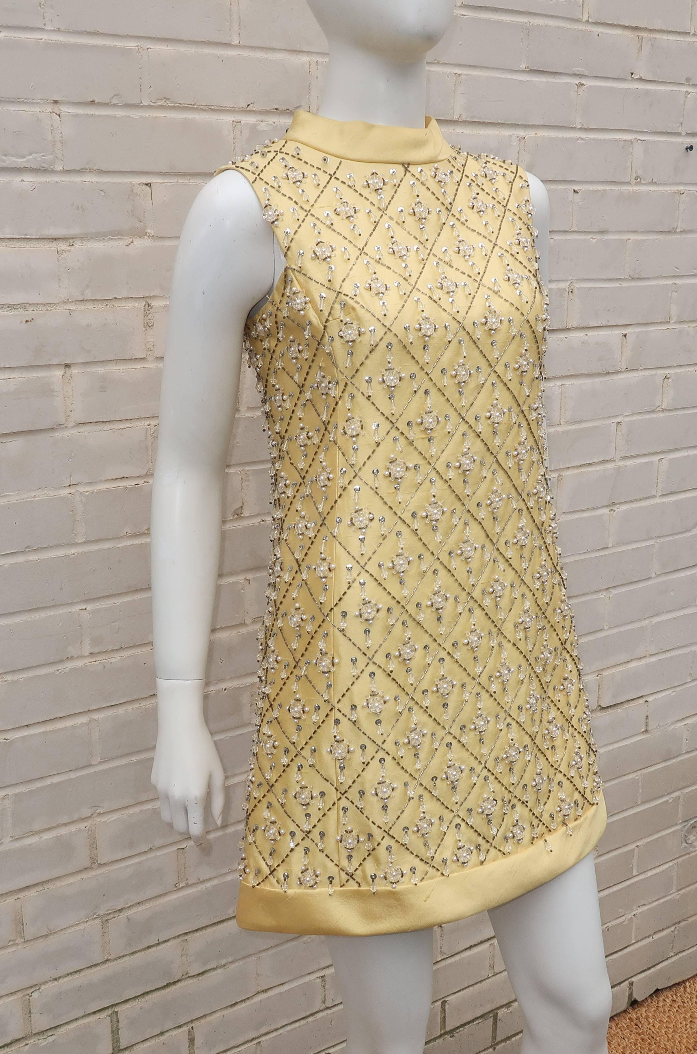 1960's Gino Charles Yellow Dupioni Silk Beaded Mini Dress In Good Condition In Atlanta, GA