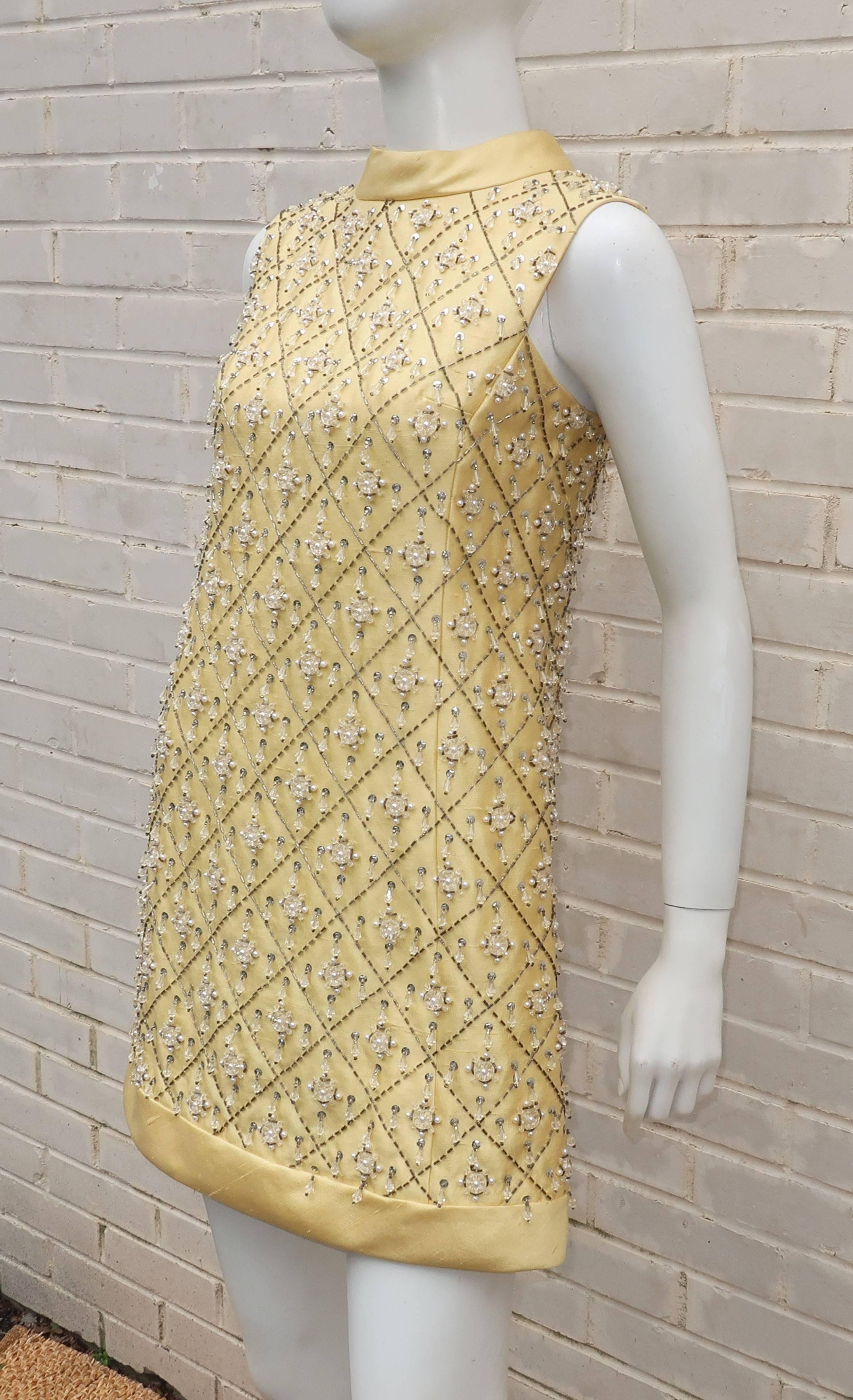 Women's 1960's Gino Charles Yellow Dupioni Silk Beaded Mini Dress