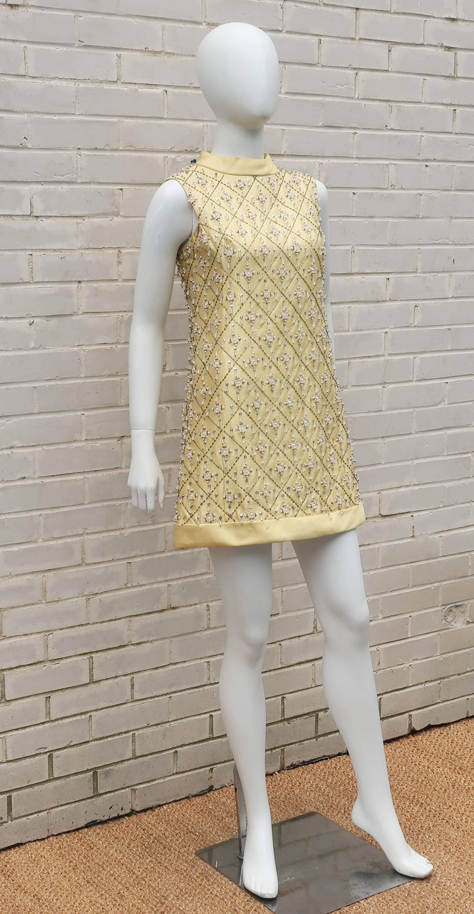 1960's Gino Charles Yellow Dupioni Silk Beaded Mini Dress 1