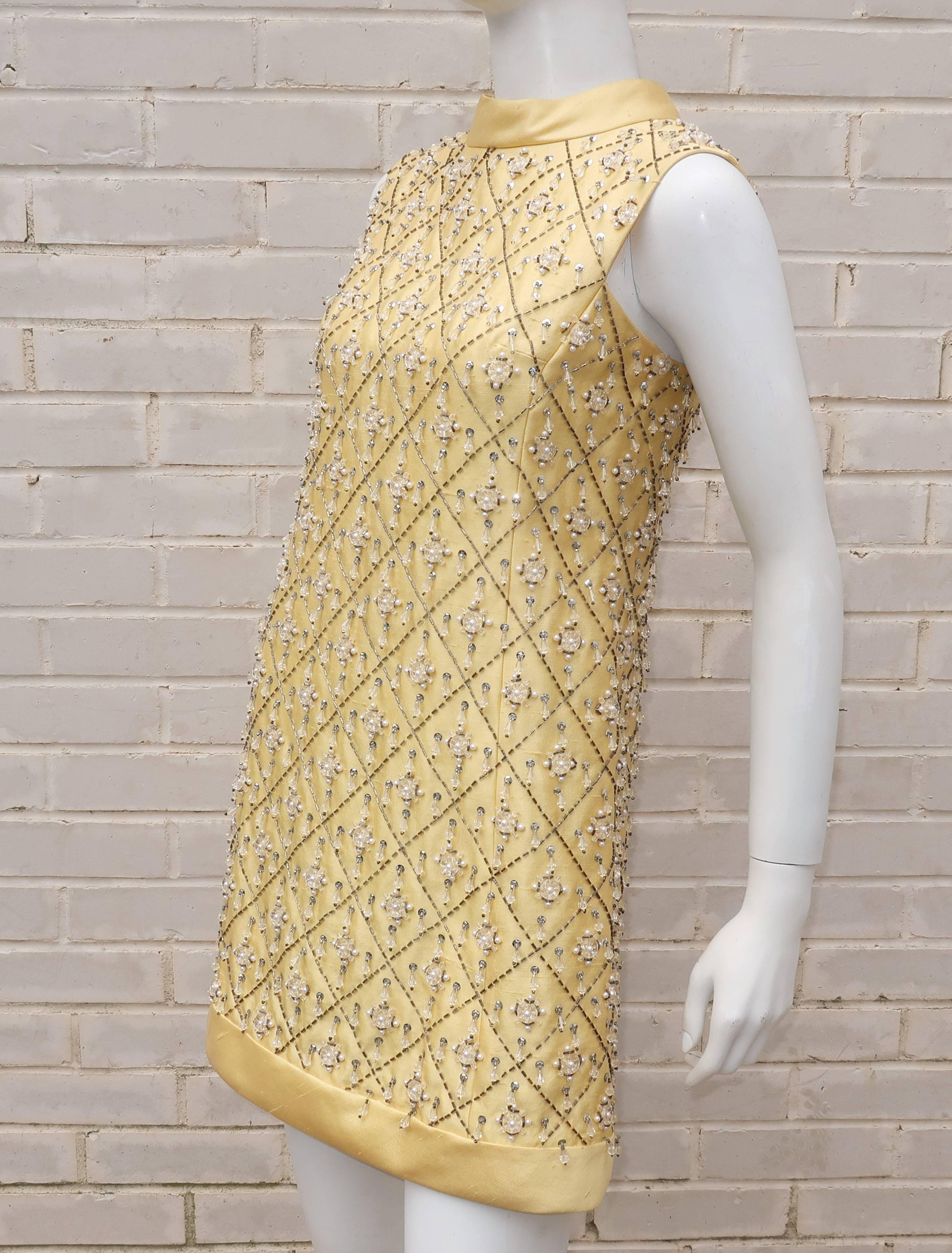 1960's Gino Charles Yellow Dupioni Silk Beaded Mini Dress 2