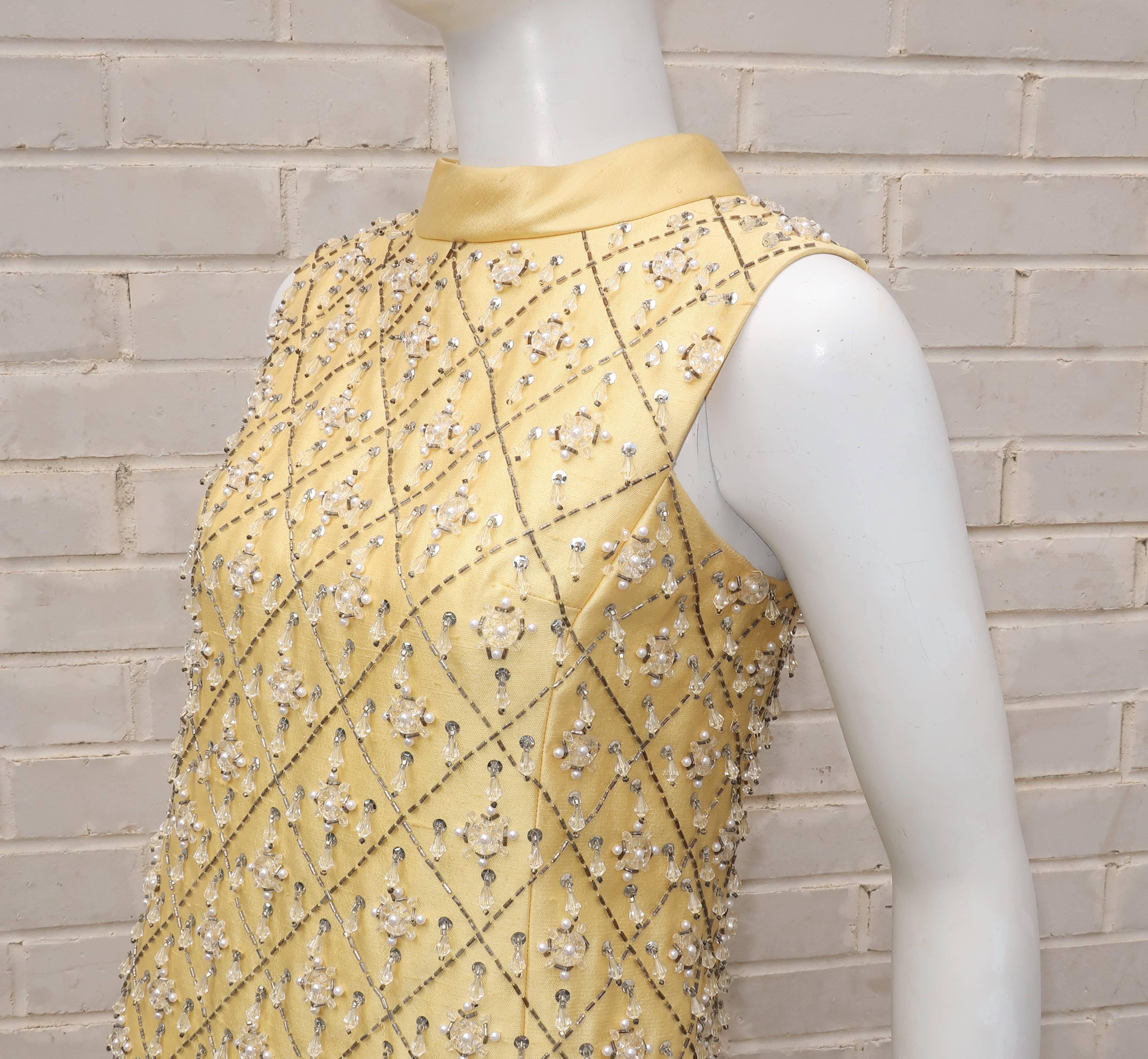 1960's Gino Charles Yellow Dupioni Silk Beaded Mini Dress 3