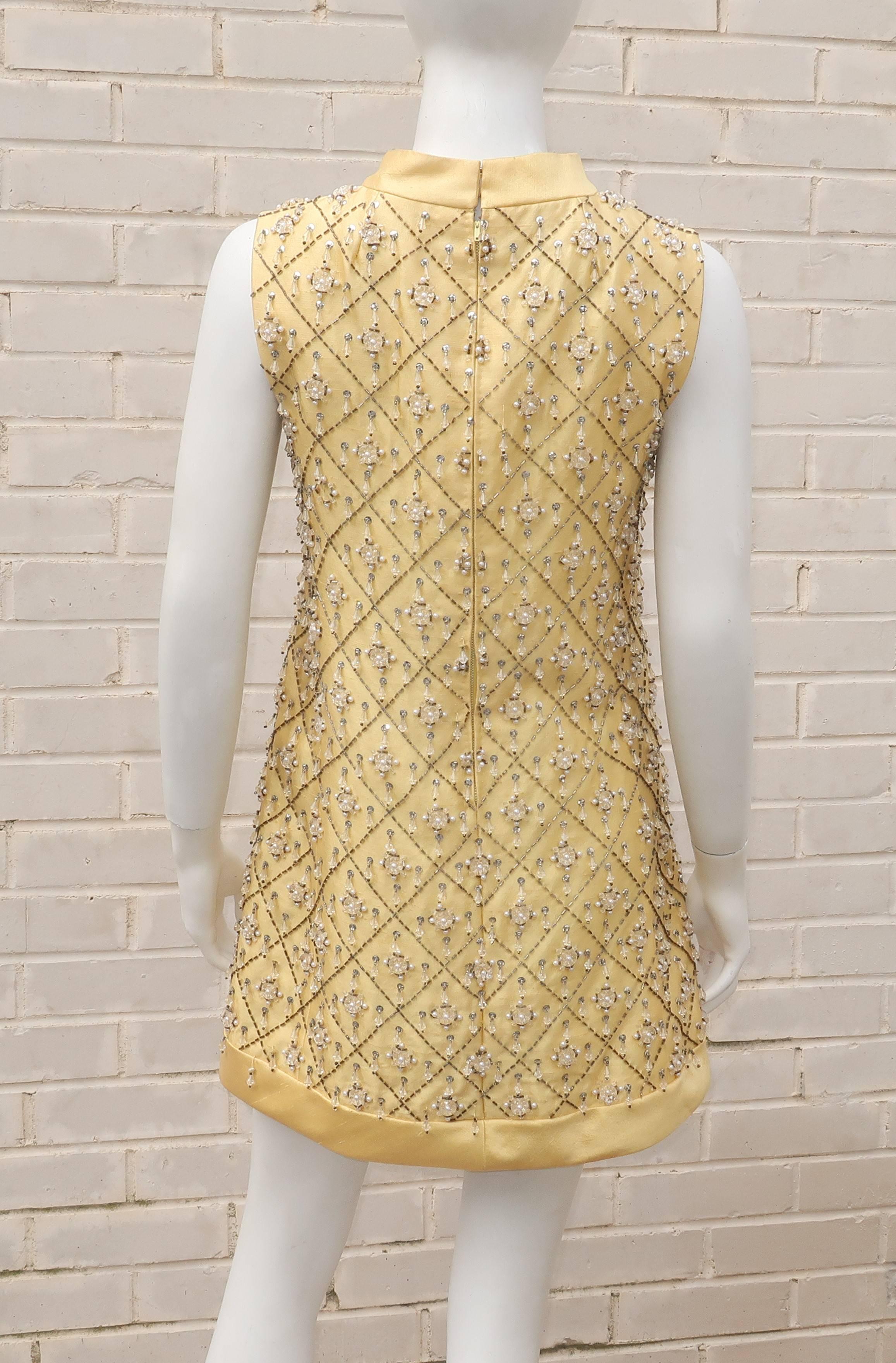 1960's Gino Charles Yellow Dupioni Silk Beaded Mini Dress 4