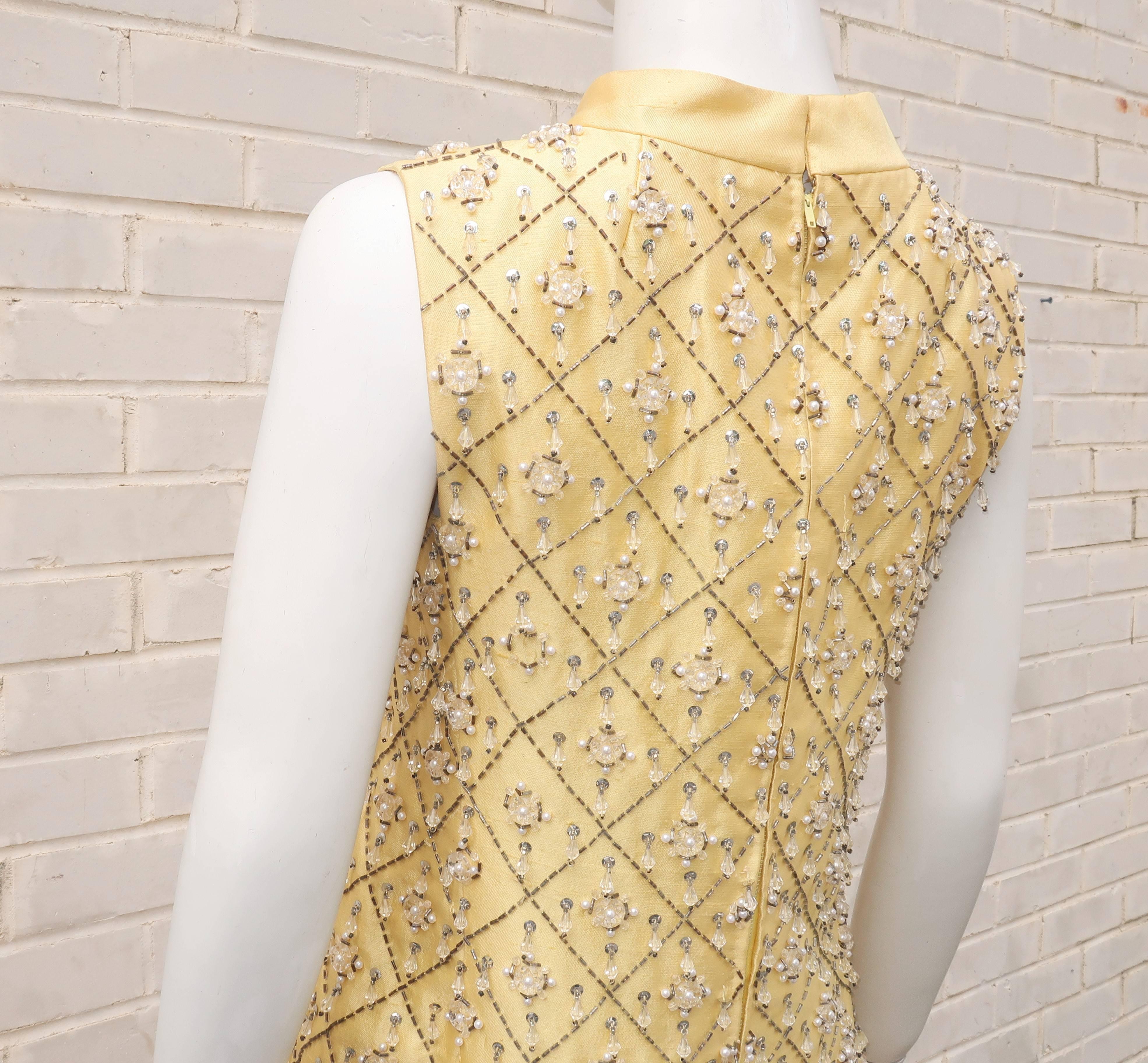 1960's Gino Charles Yellow Dupioni Silk Beaded Mini Dress 5