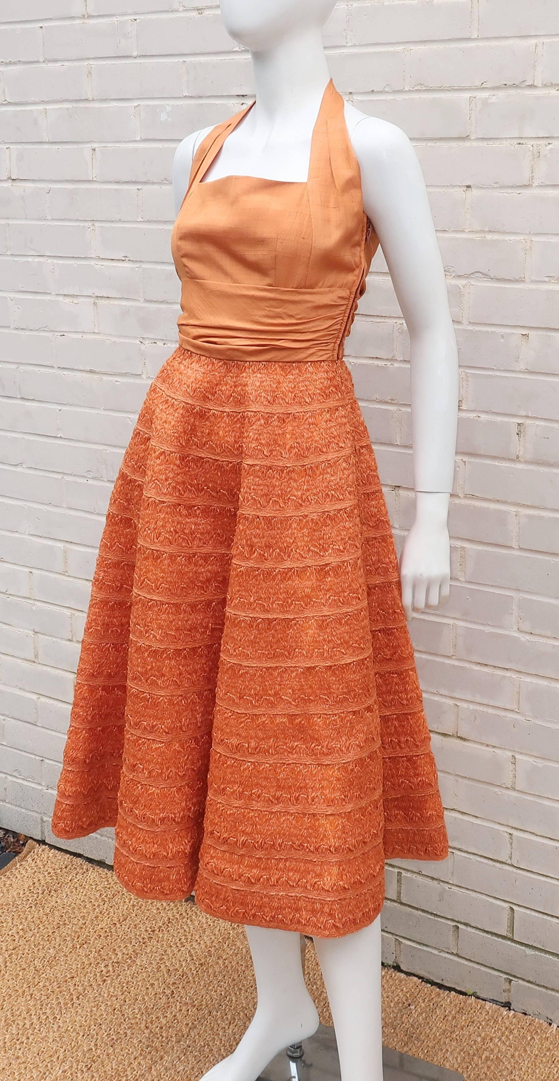 1950's Adele Simpson Shantung Silk Halter Dress With Raffia Skirt 4