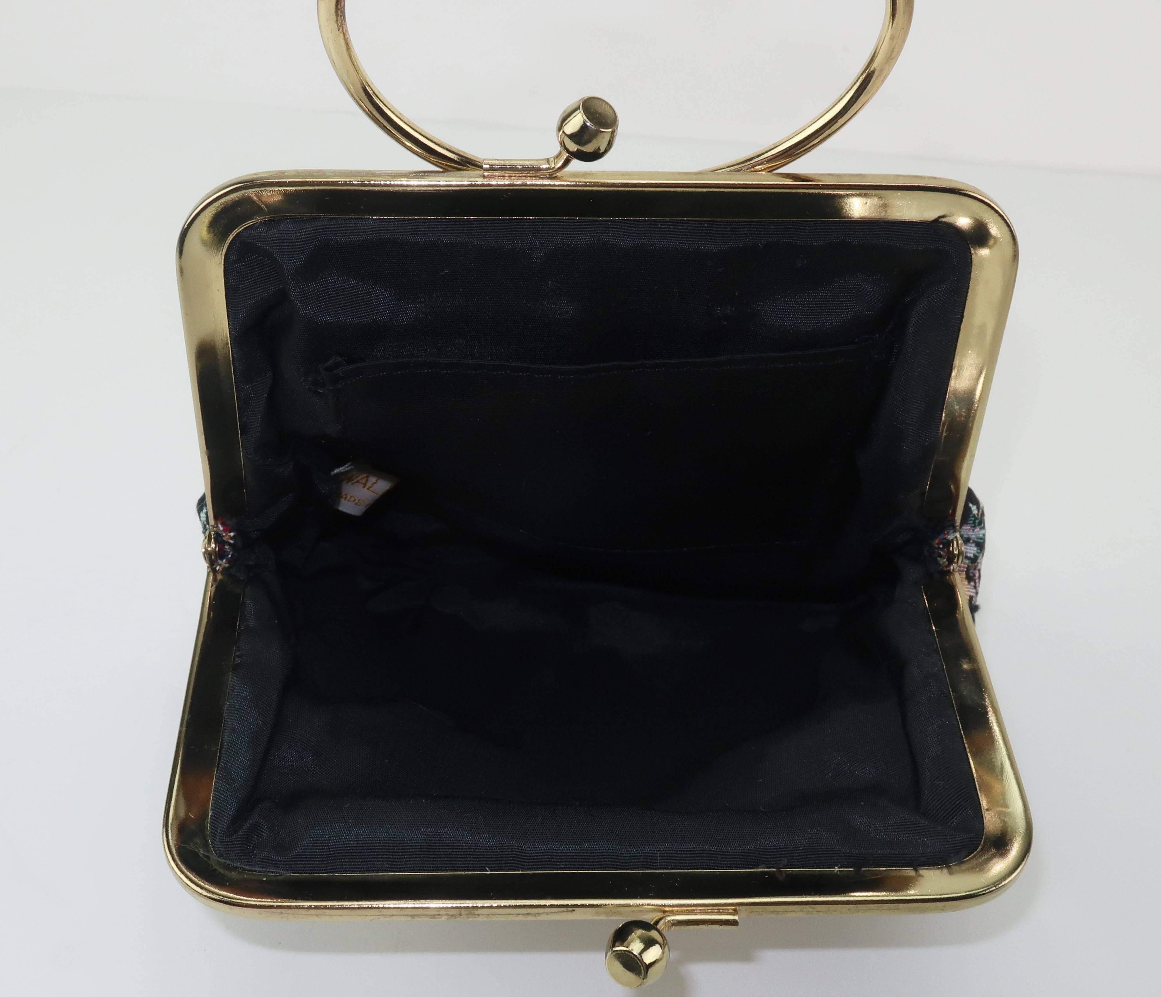 C.1960 Walborg Black Tapestry Handbag With Convertible Ring Handle 2