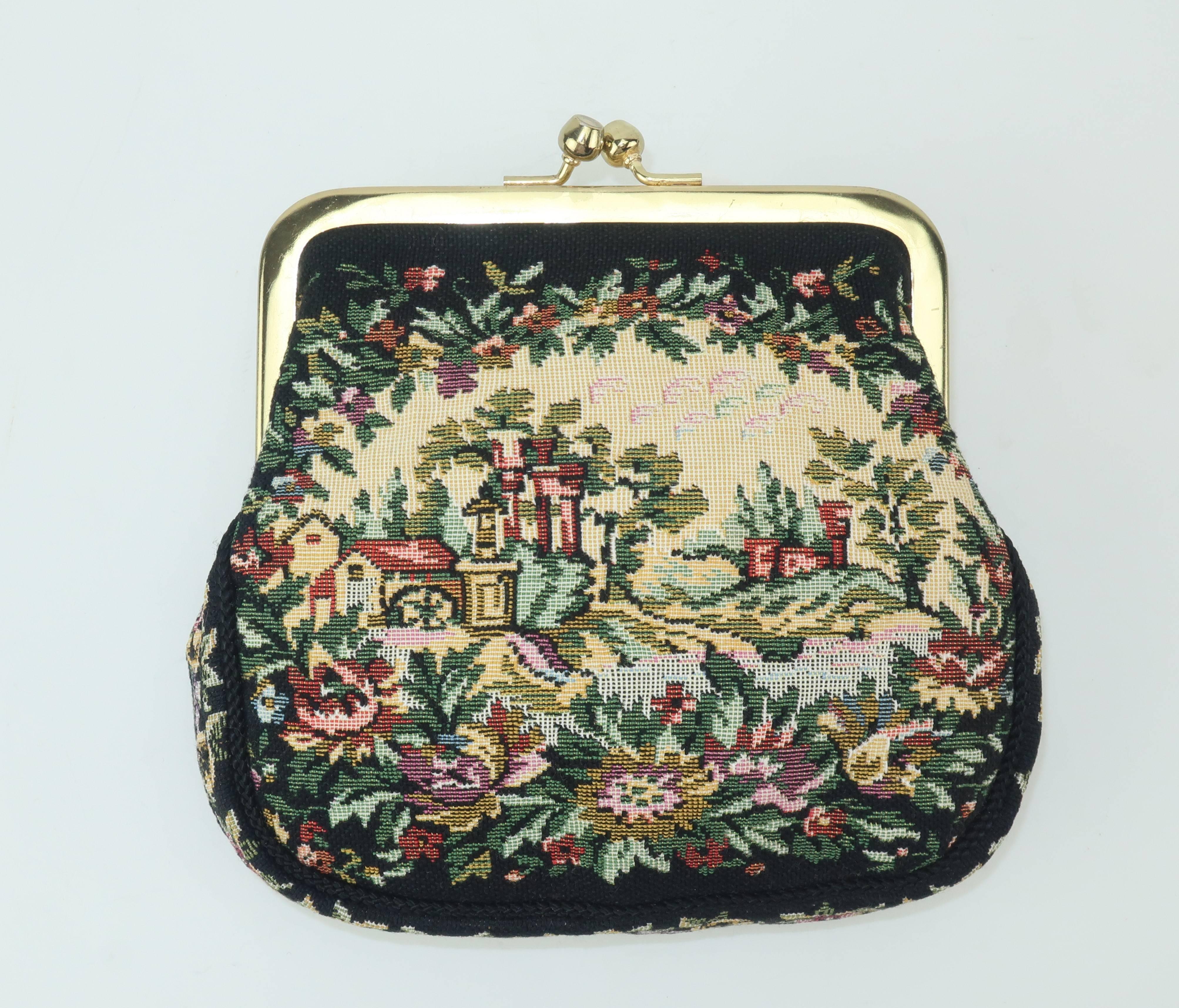 C.1960 Walborg Black Tapestry Handbag With Convertible Ring Handle 1