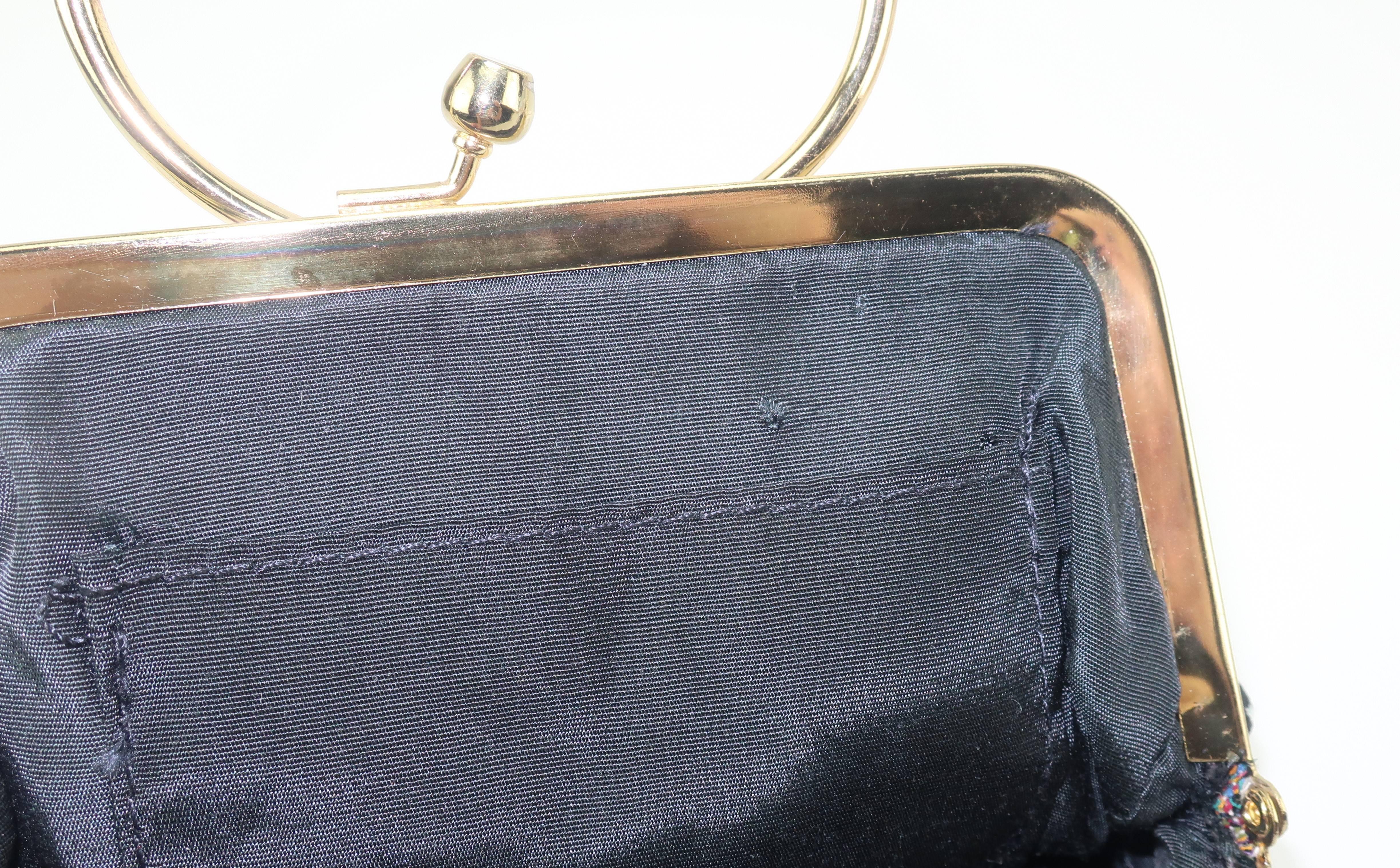 C.1960 Walborg Black Tapestry Handbag With Convertible Ring Handle 3