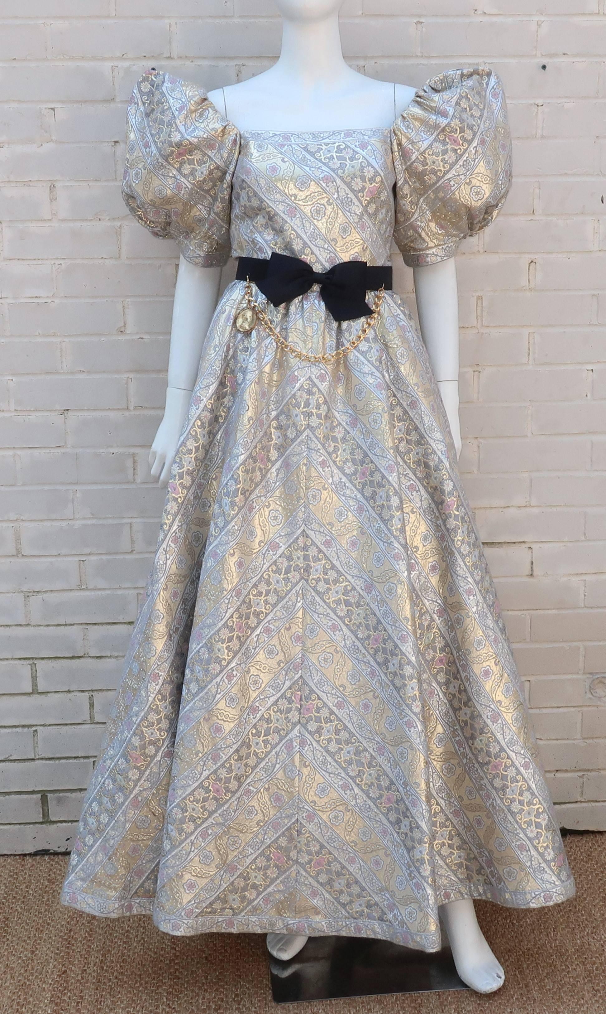 Leonard Silver and Gold Lamé Brocade Ball Gown Dress, 1980s  5