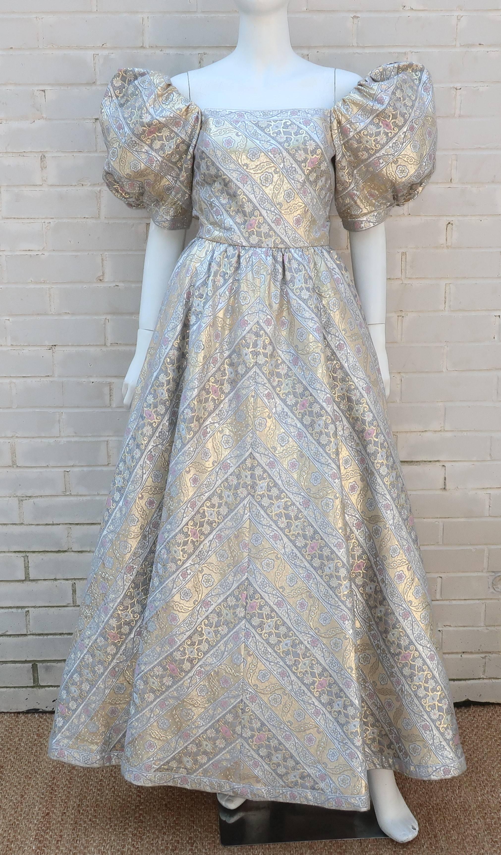 Gray Leonard Silver and Gold Lamé Brocade Ball Gown Dress, 1980s 