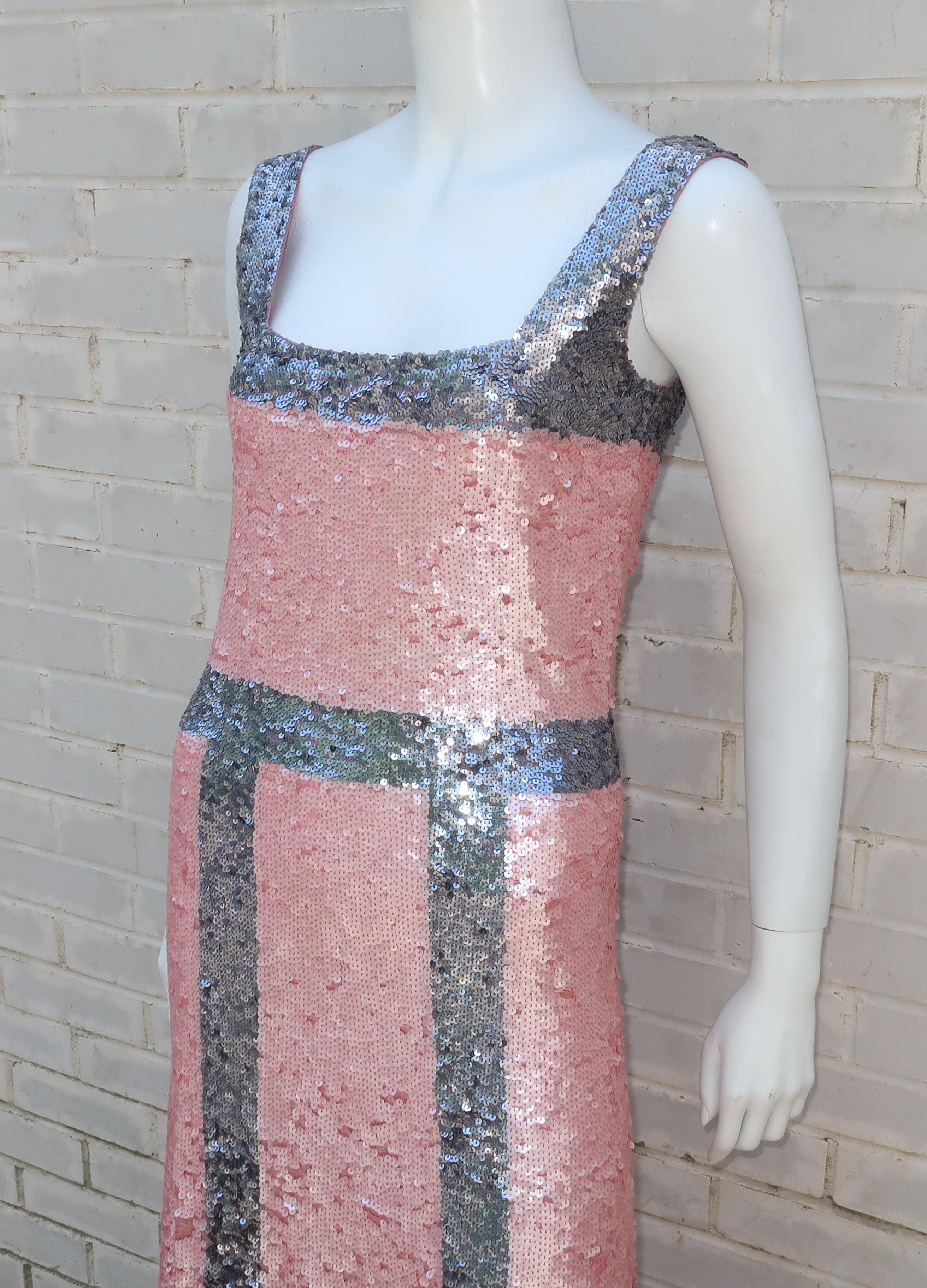 Pink and Silver Fully Sequin Décolleté Maxi Tank Evening Dress In Excellent Condition In Atlanta, GA