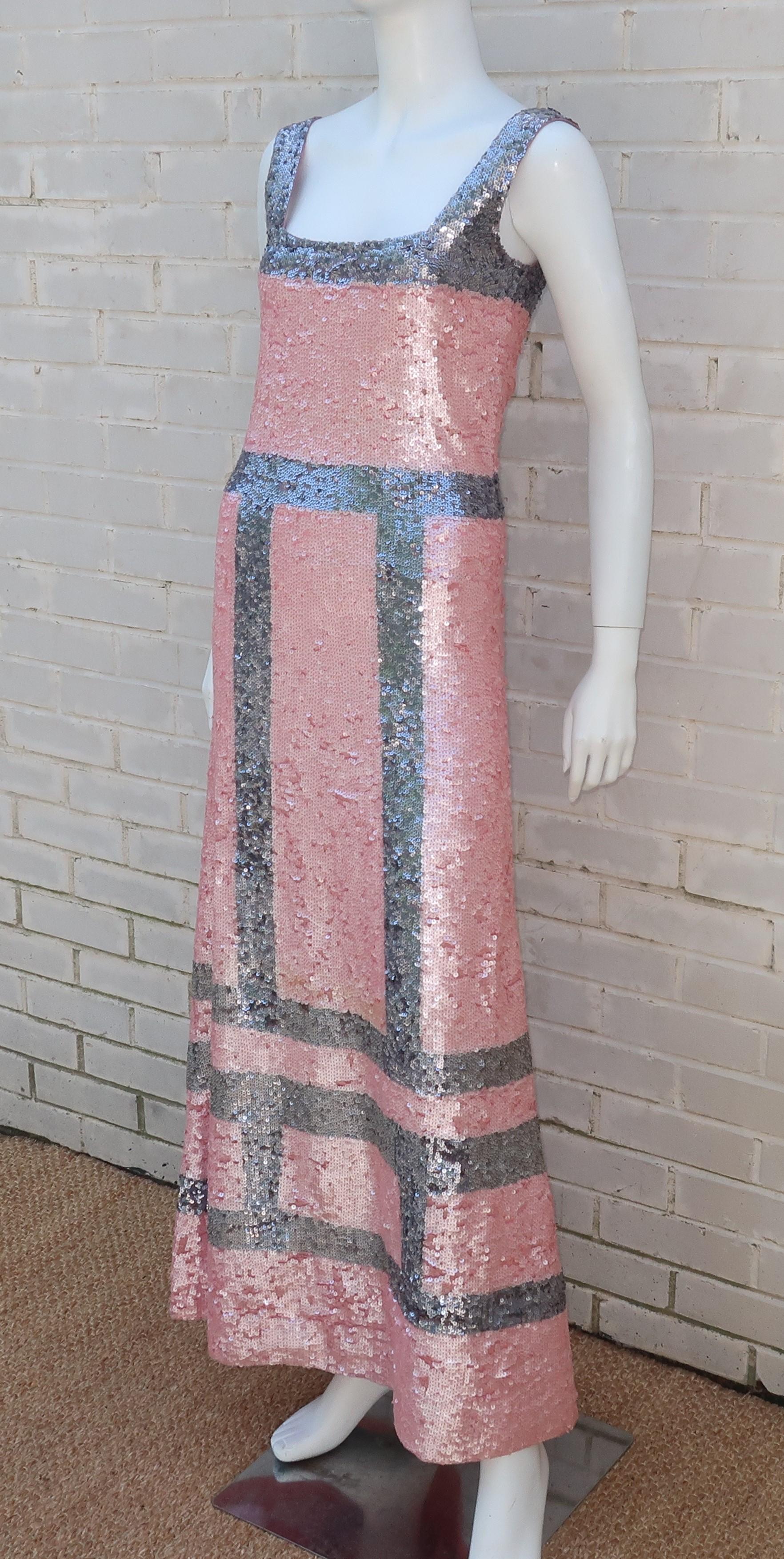 Women's Pink and Silver Fully Sequin Décolleté Maxi Tank Evening Dress