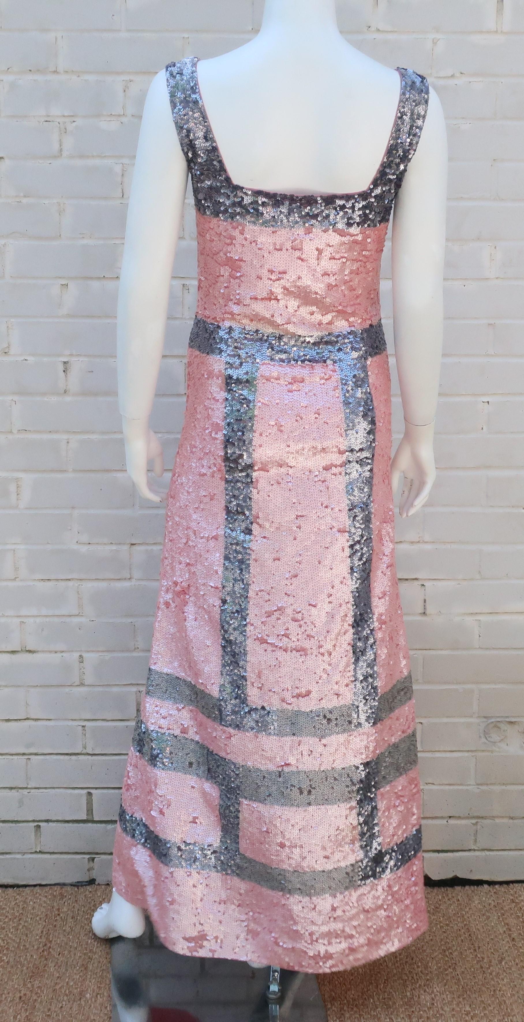 Pink and Silver Fully Sequin Décolleté Maxi Tank Evening Dress 2