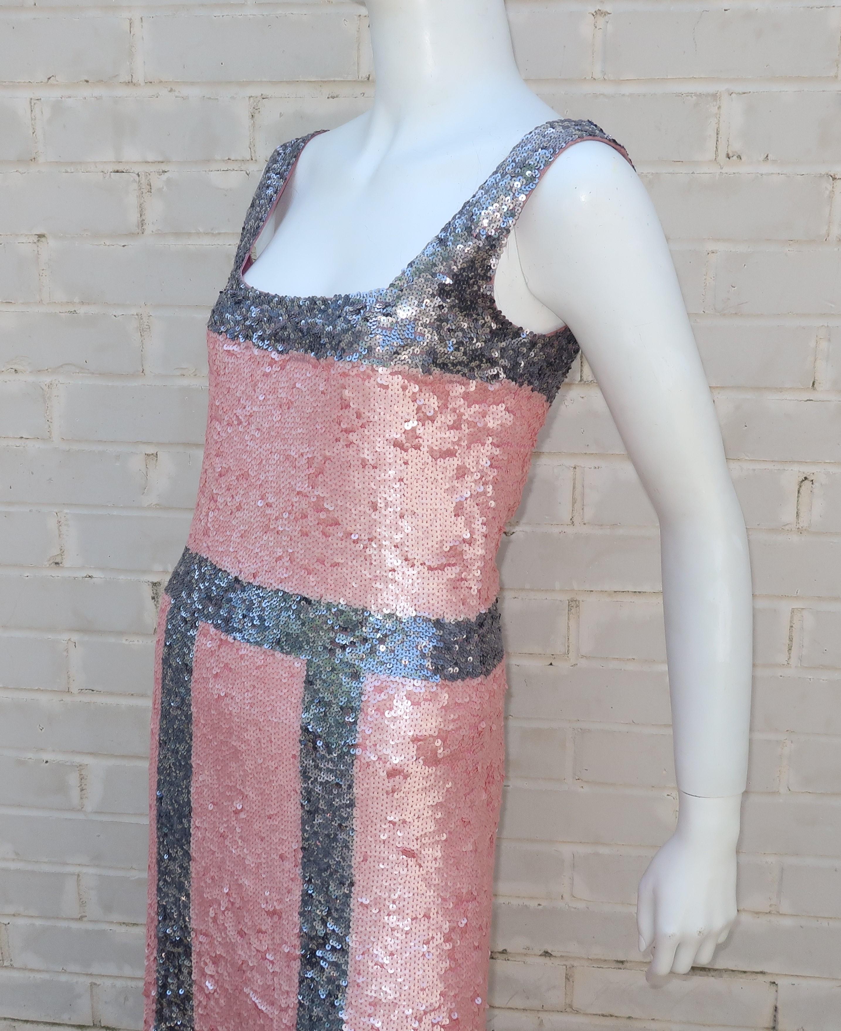 Pink and Silver Fully Sequin Décolleté Maxi Tank Evening Dress 1