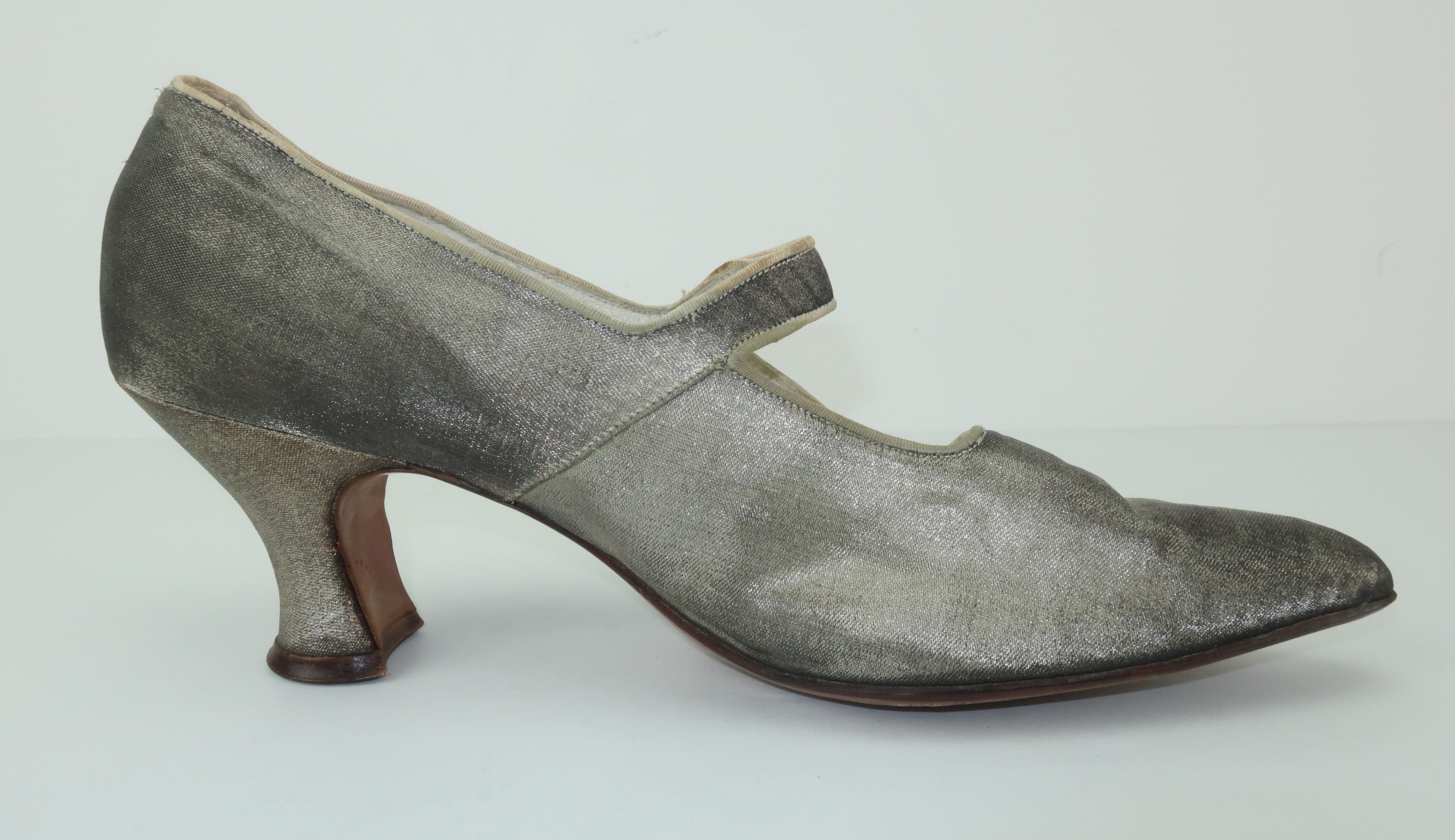 Women's Art Deco 1920's Silver Metallic Flapper Shoes Sz 7.5-8N