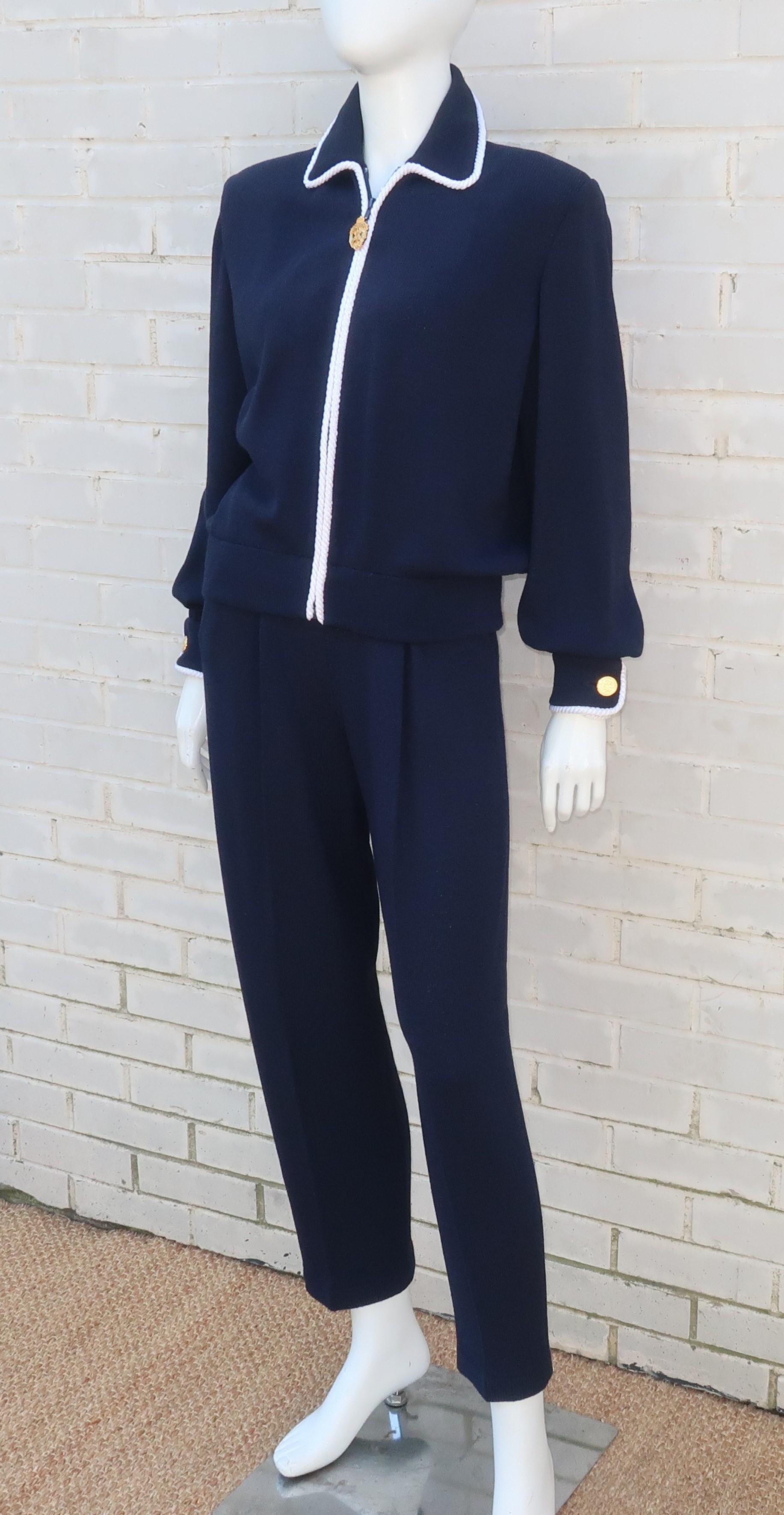 Sporty 1990's St. John Knit Nautical Blue Cardigan Lounge Suit 3