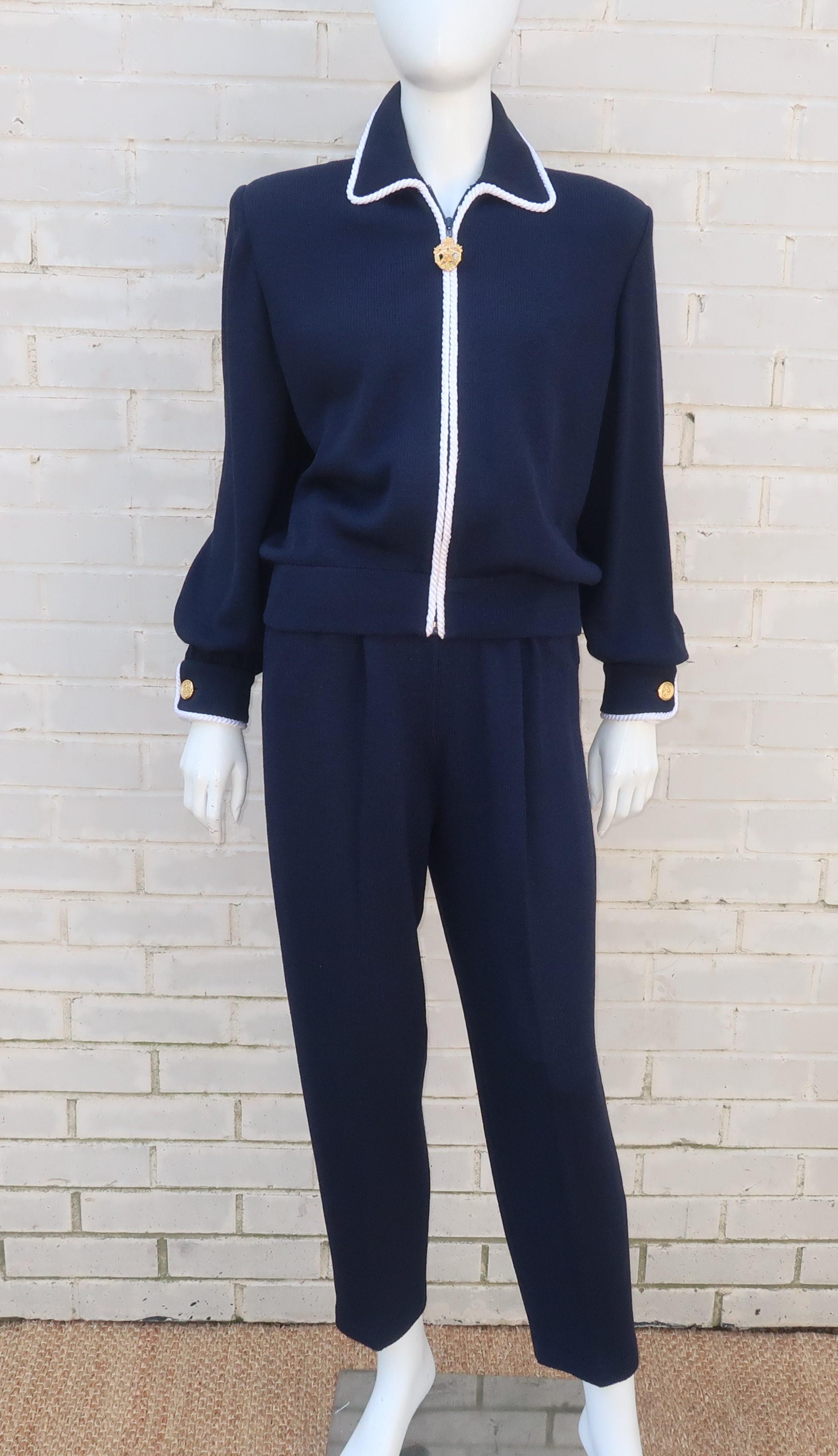 Sporty 1990's St. John Knit Nautical Blue Cardigan Lounge Suit In Excellent Condition In Atlanta, GA