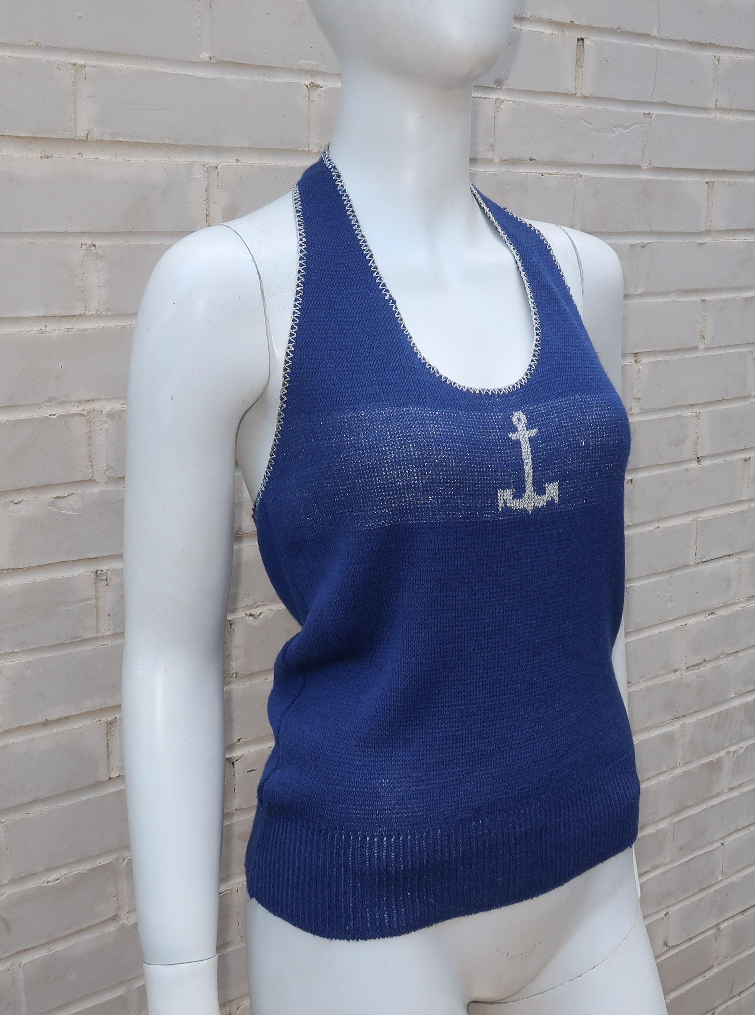 Women's 1970's Pandora Knit Nautical Inspired Halter Top With Silver Threading
