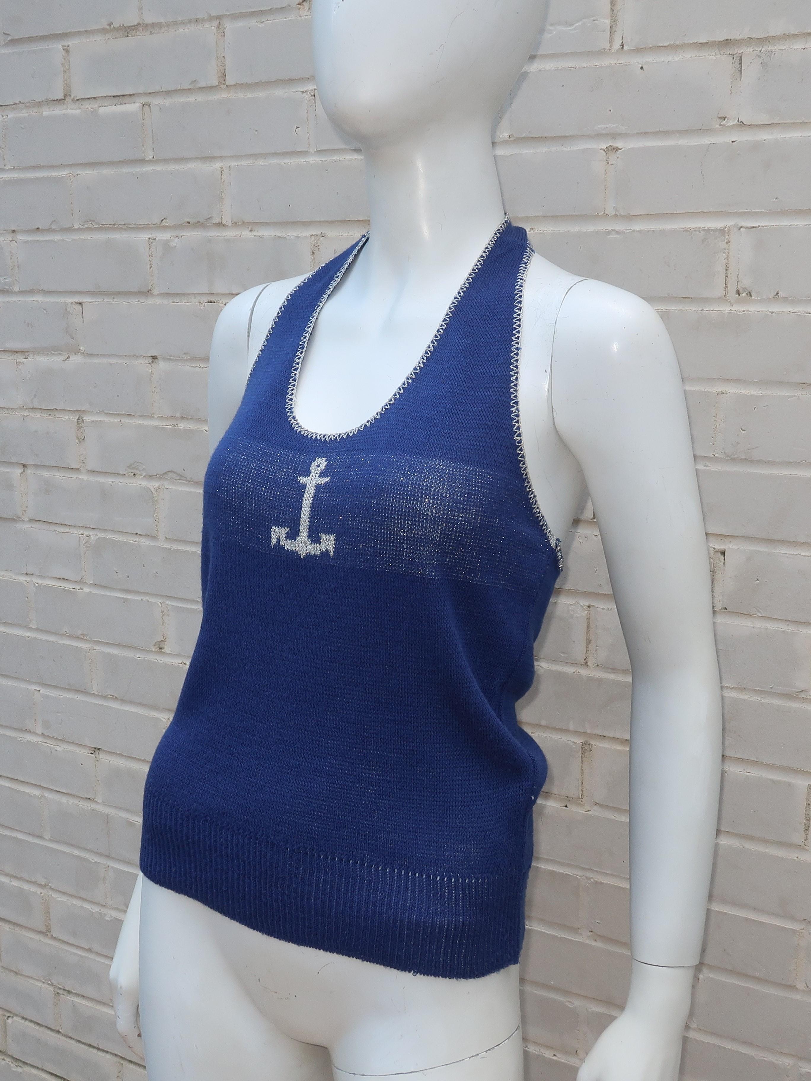 1970's Pandora Knit Nautical Inspired Halter Top With Silver Threading 1