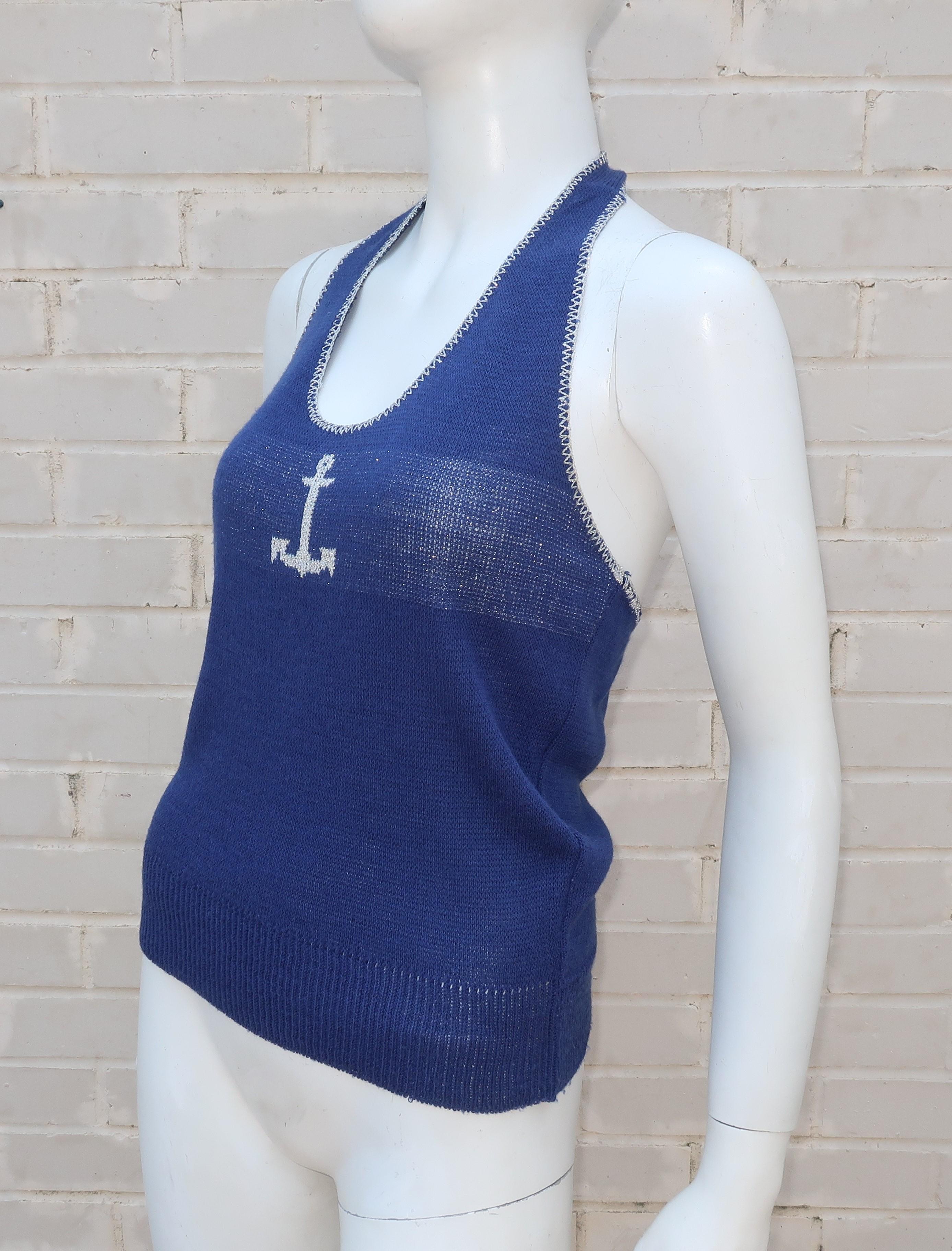 1970's Pandora Knit Nautical Inspired Halter Top With Silver Threading 2