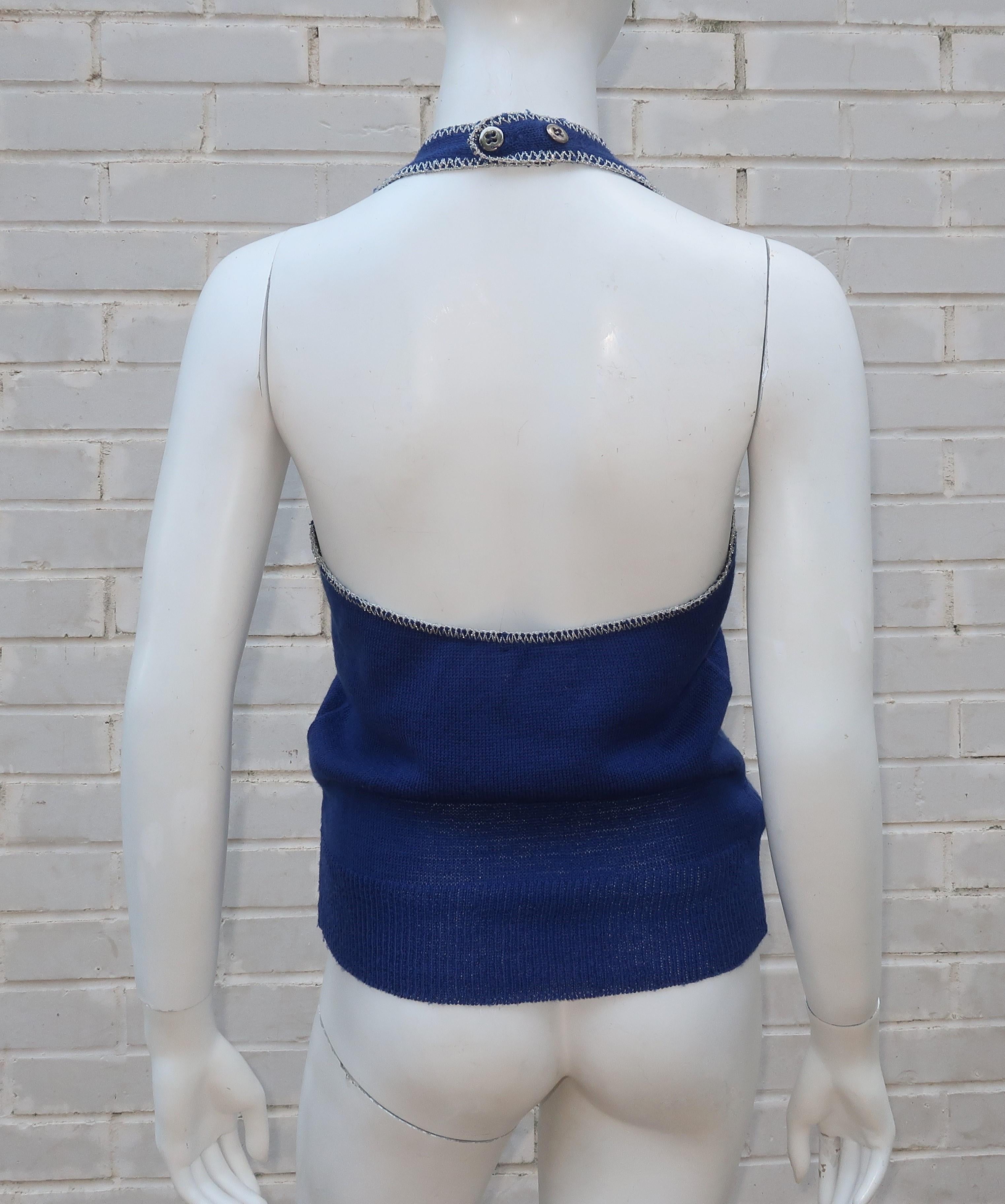 1970's Pandora Knit Nautical Inspired Halter Top With Silver Threading 3