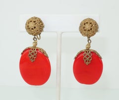 C.1950 Miriam Haskell Red Pate De Verre Earrings & Brooch Set
