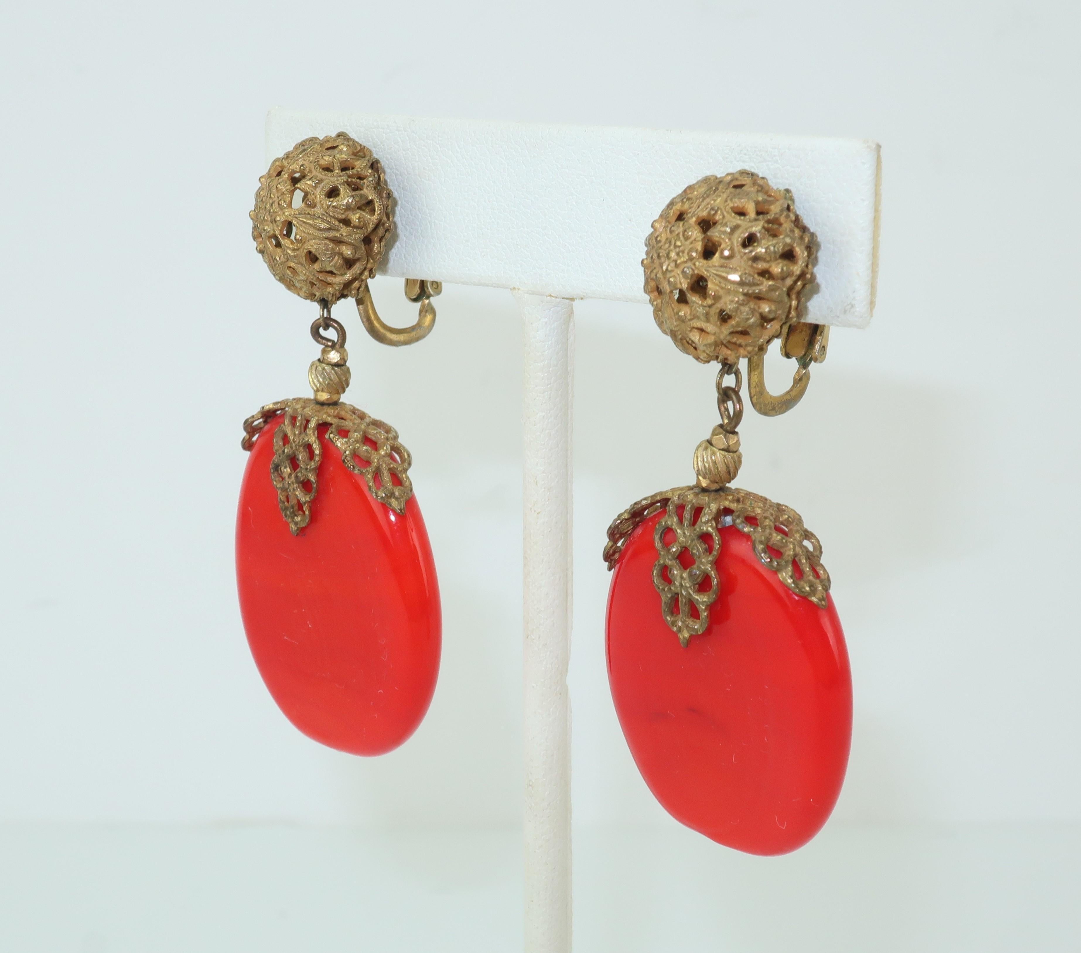 Art Deco C.1950 Miriam Haskell Red Pate De Verre Earrings & Brooch Set
