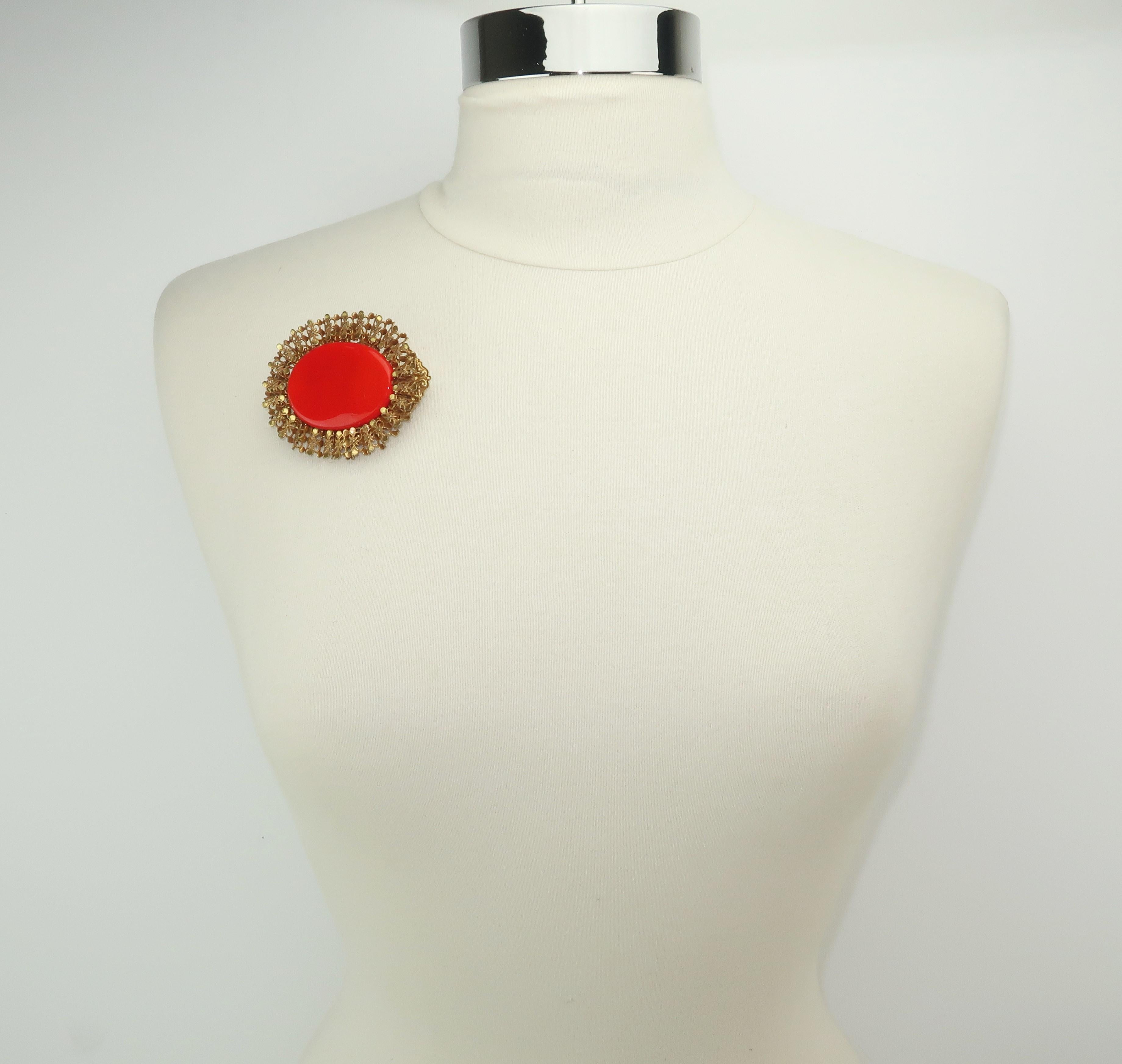 C.1950 Miriam Haskell Red Pate De Verre Earrings & Brooch Set 5