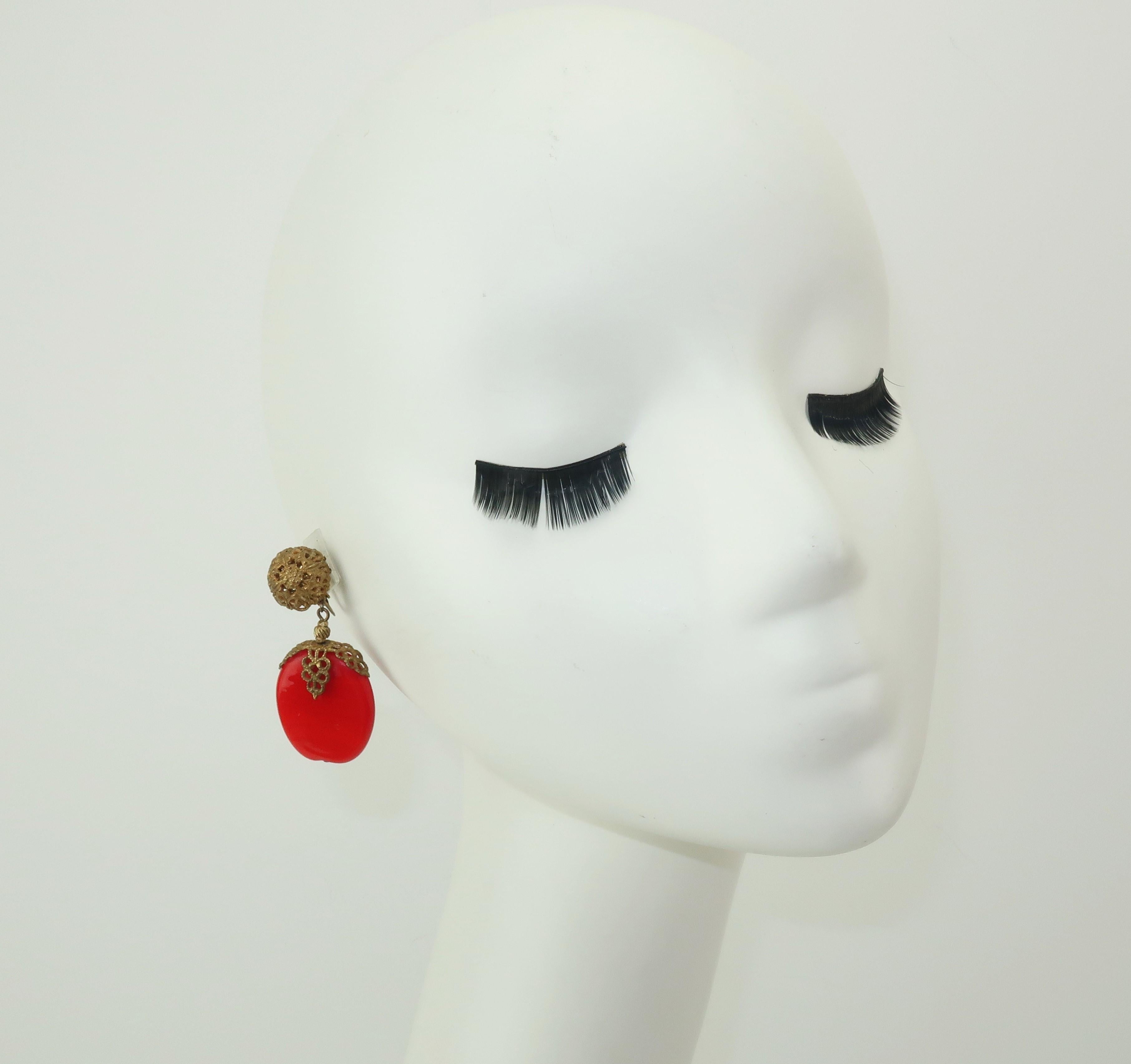 C.1950 Miriam Haskell Red Pate De Verre Earrings & Brooch Set 4