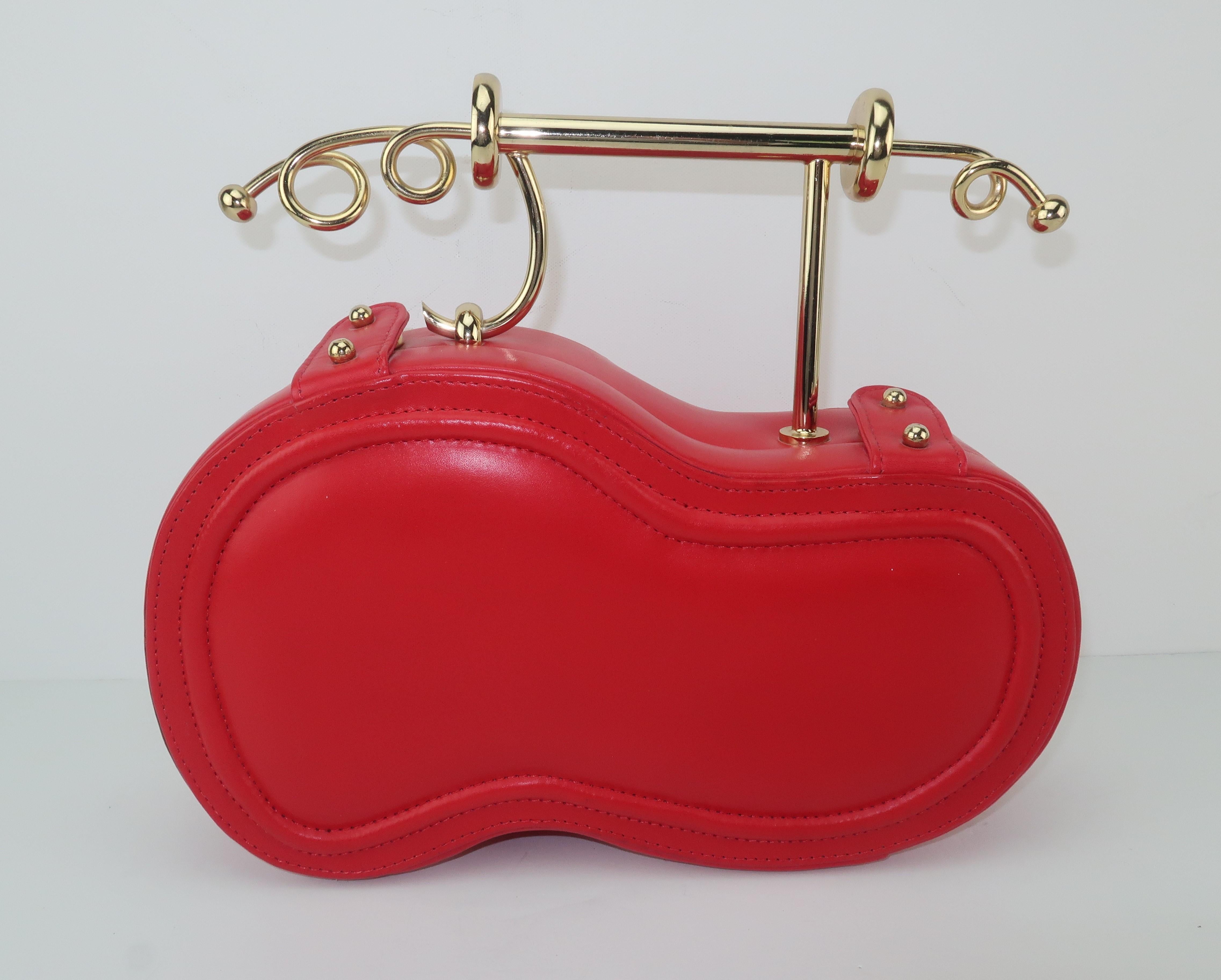 Freon Firenze Italian Red Leather Handbag With Unique Handle In Good Condition In Atlanta, GA