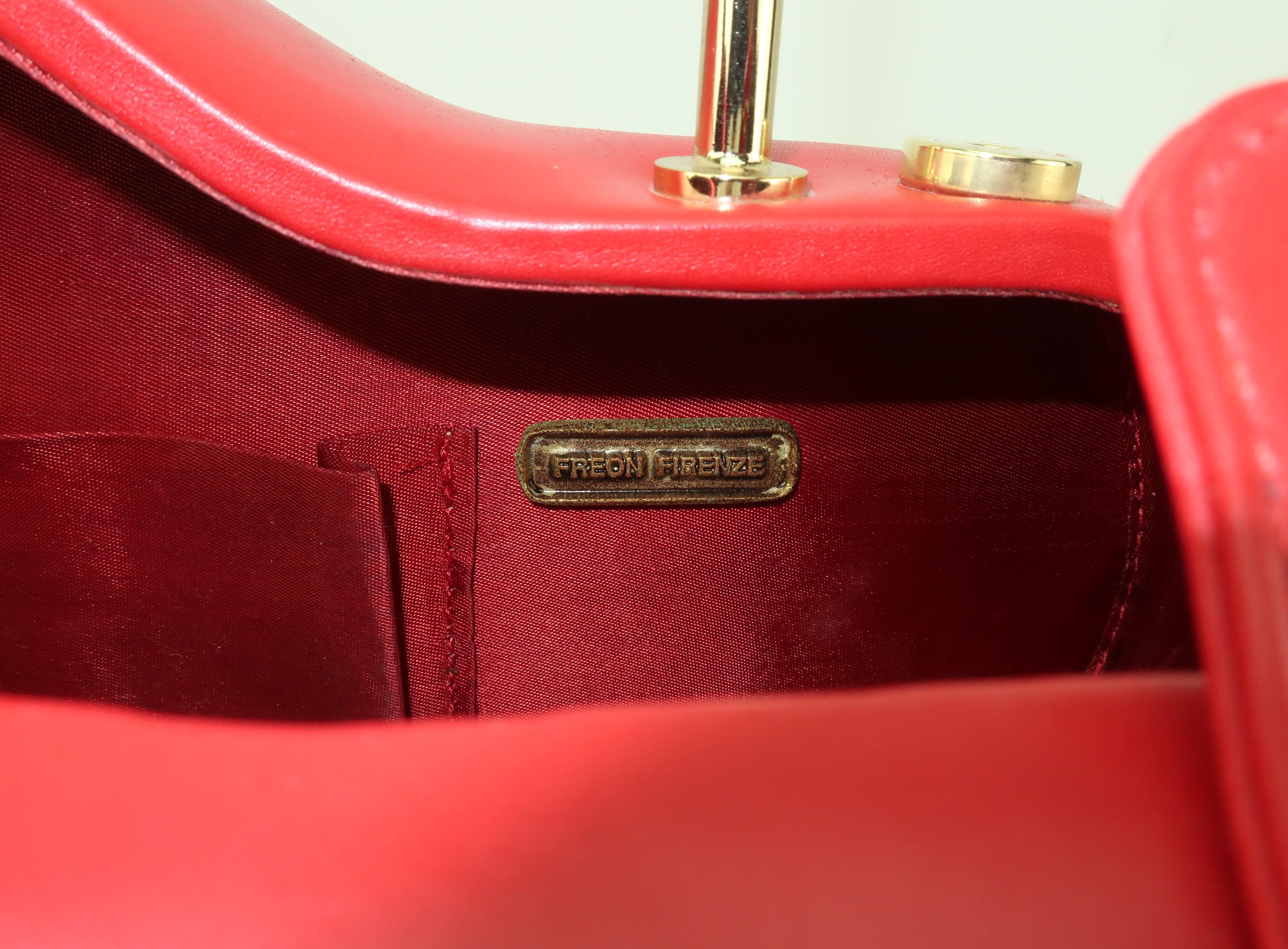 Freon Firenze Italian Red Leather Handbag With Unique Handle 3