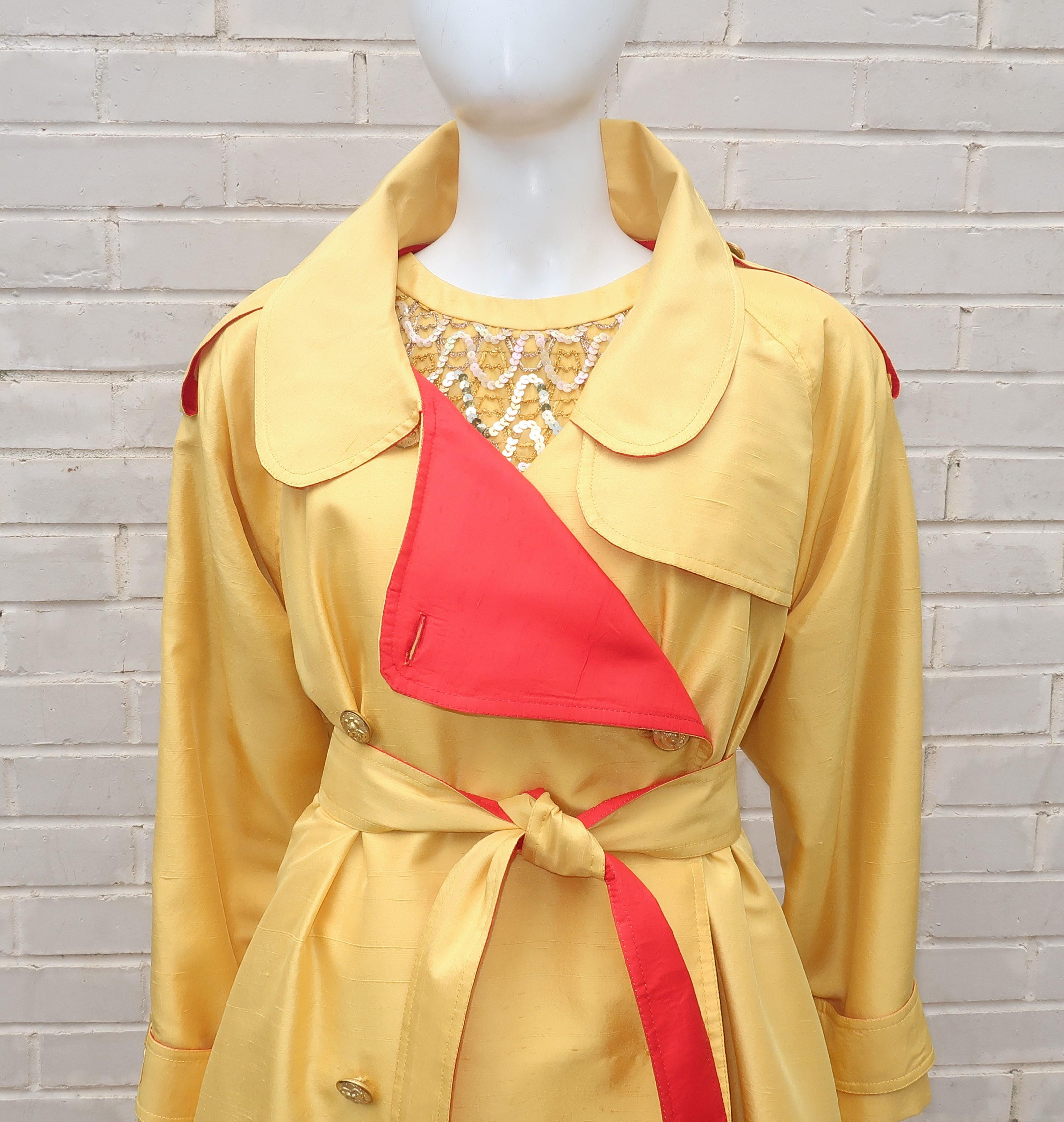 This 1980's cocktail ensemble is channeling the 1960's complete with a sequined mini dress and a coordinating jacket.  Both pieces are designed with a bright yellow and a cardinal red silk shantung fabrics.  The dress is embellished with golden