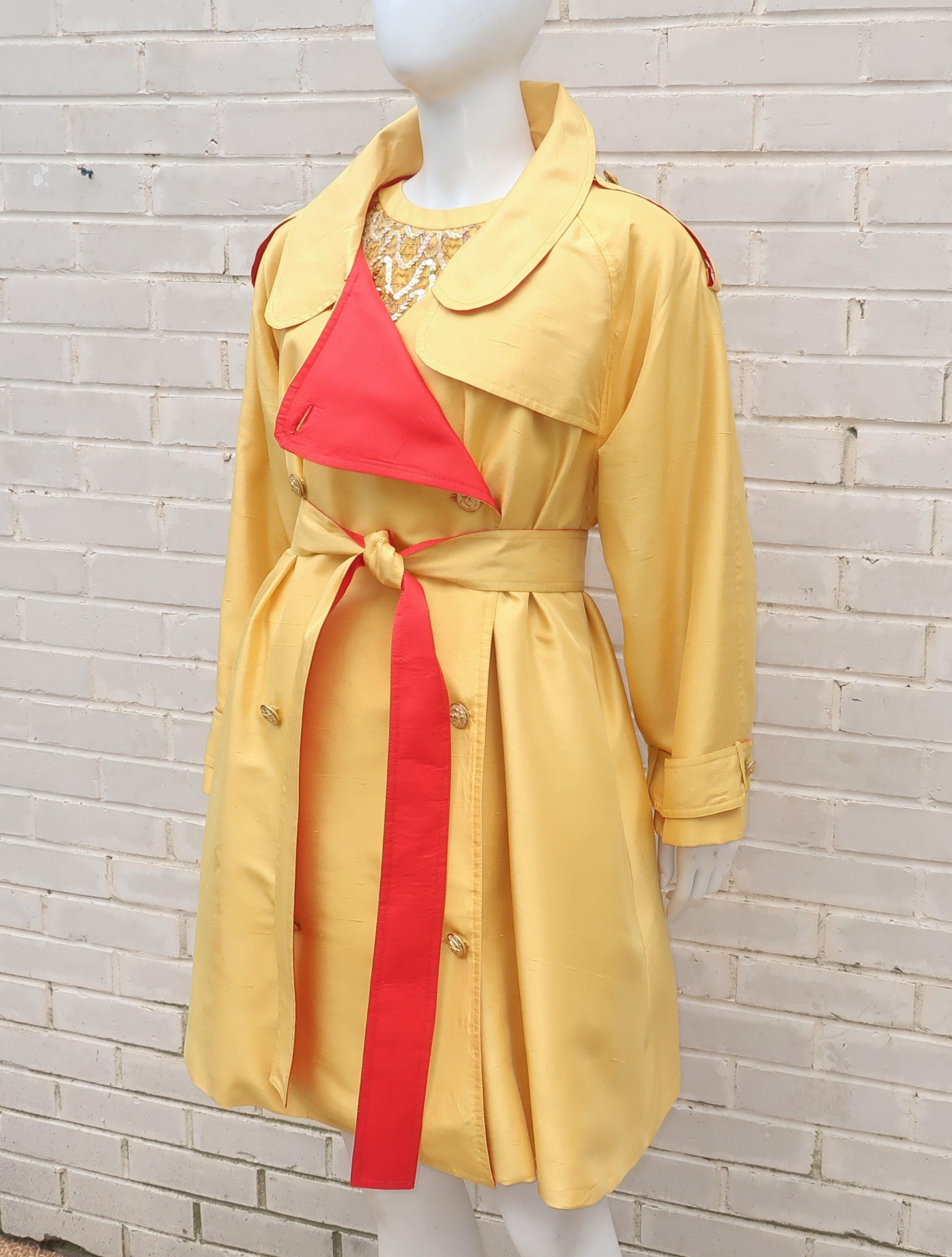 Orange 1980's Yellow & Red Shantung Silk Sequin Dress & Trench Coat Set
