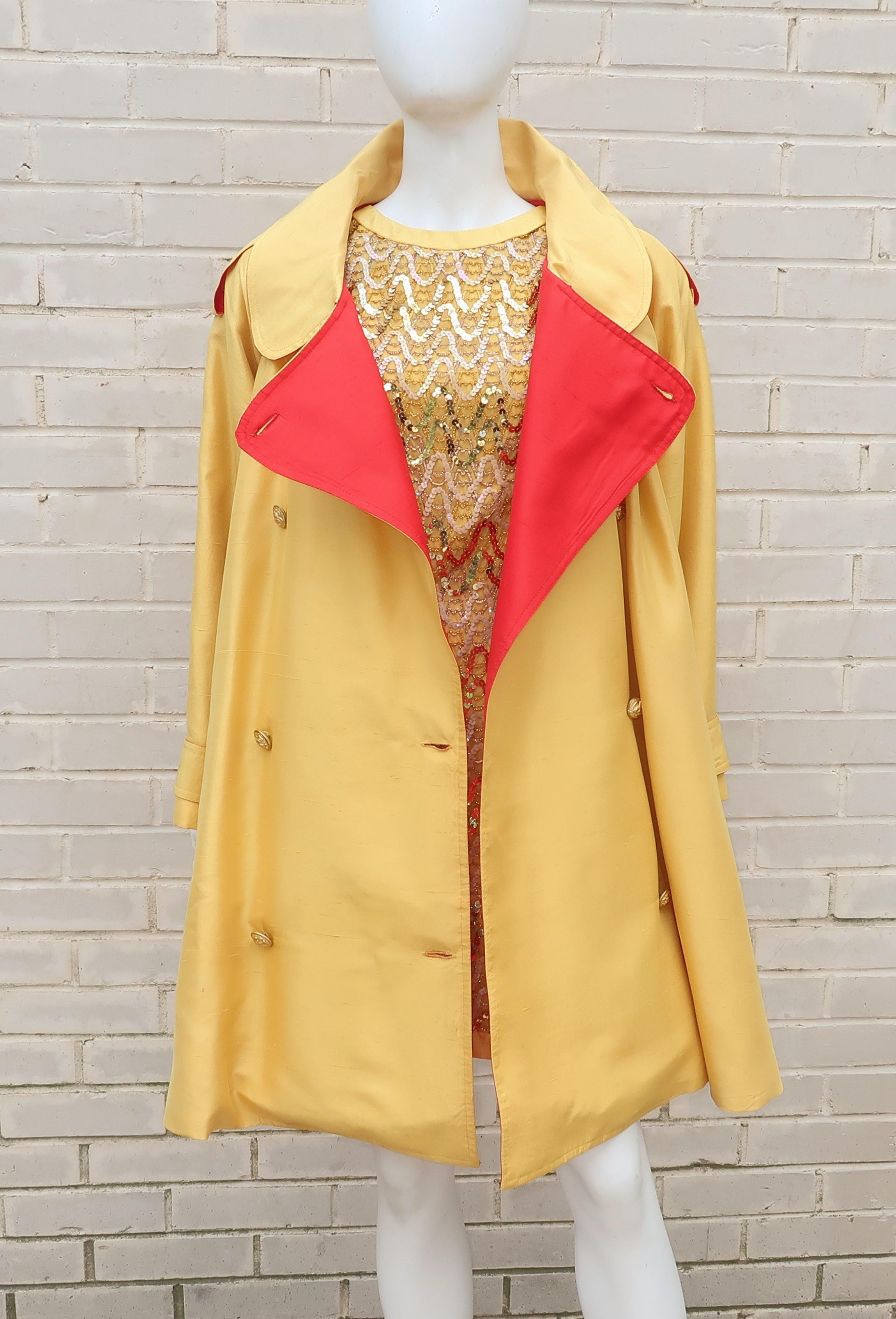 Women's 1980's Yellow & Red Shantung Silk Sequin Dress & Trench Coat Set