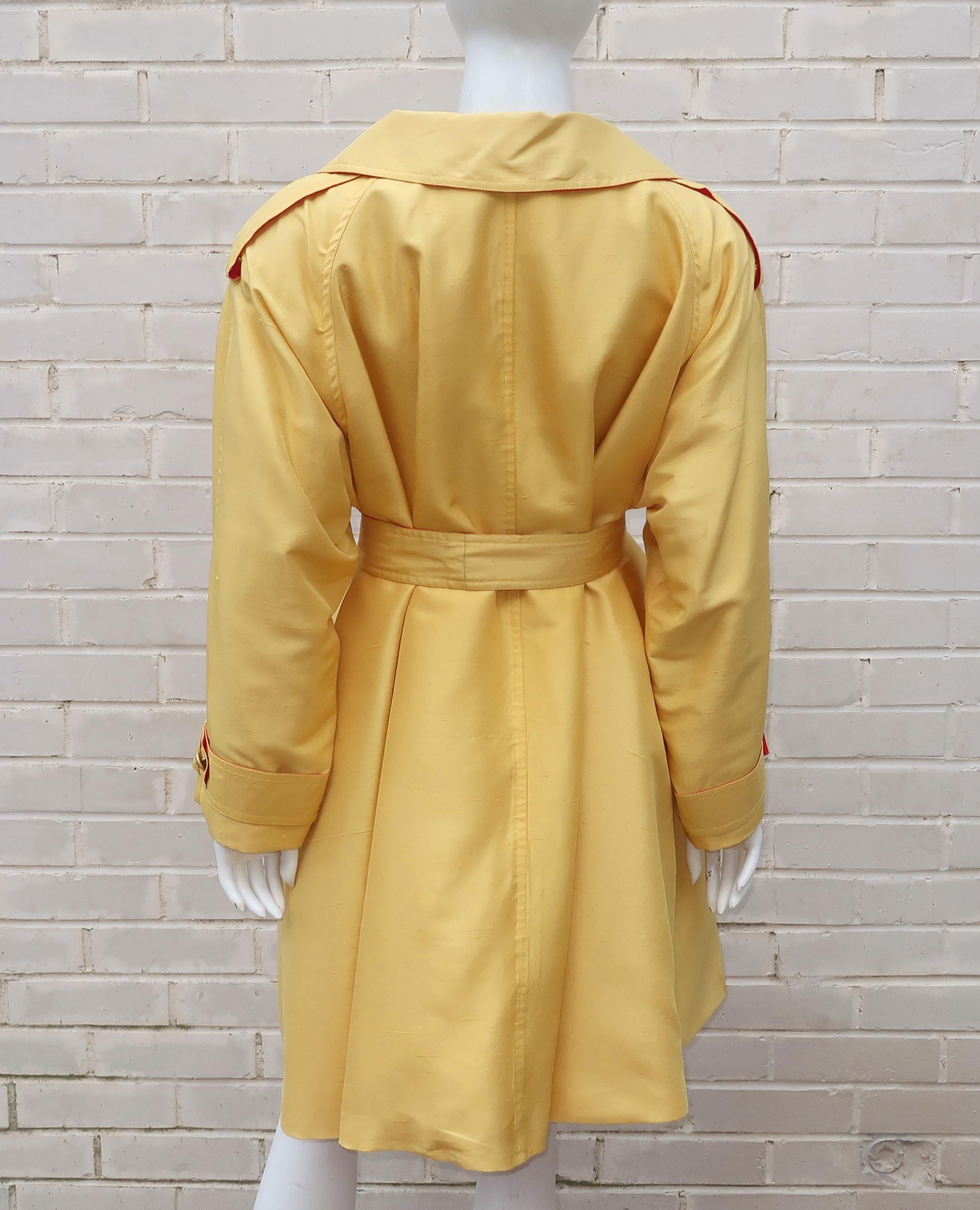 1980's Yellow & Red Shantung Silk Sequin Dress & Trench Coat Set In Good Condition In Atlanta, GA