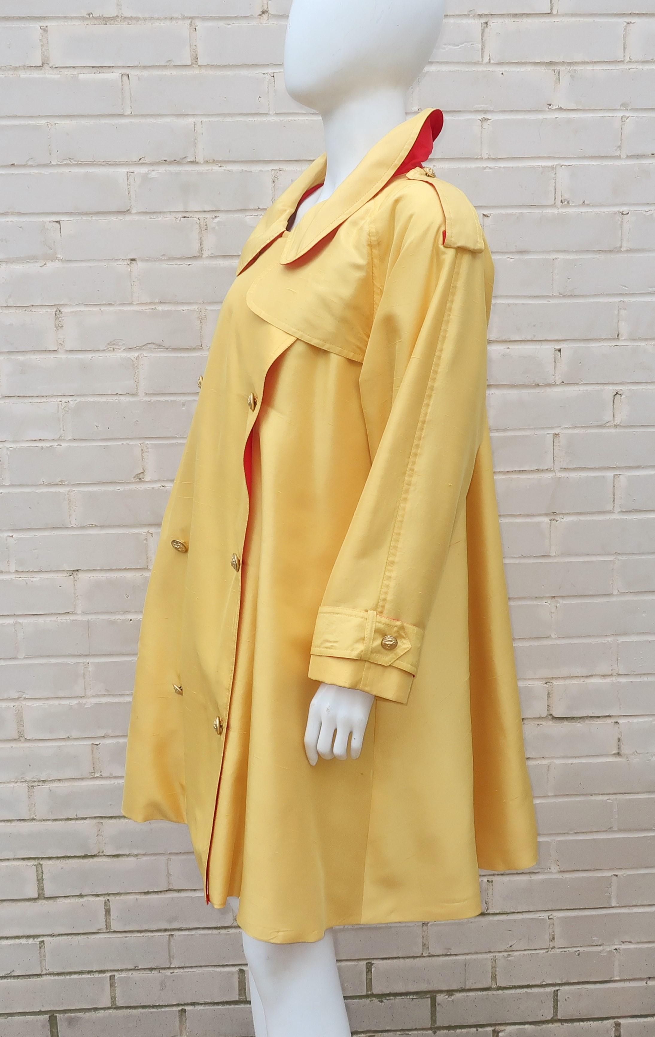 1980's Yellow & Red Shantung Silk Sequin Dress & Trench Coat Set 6