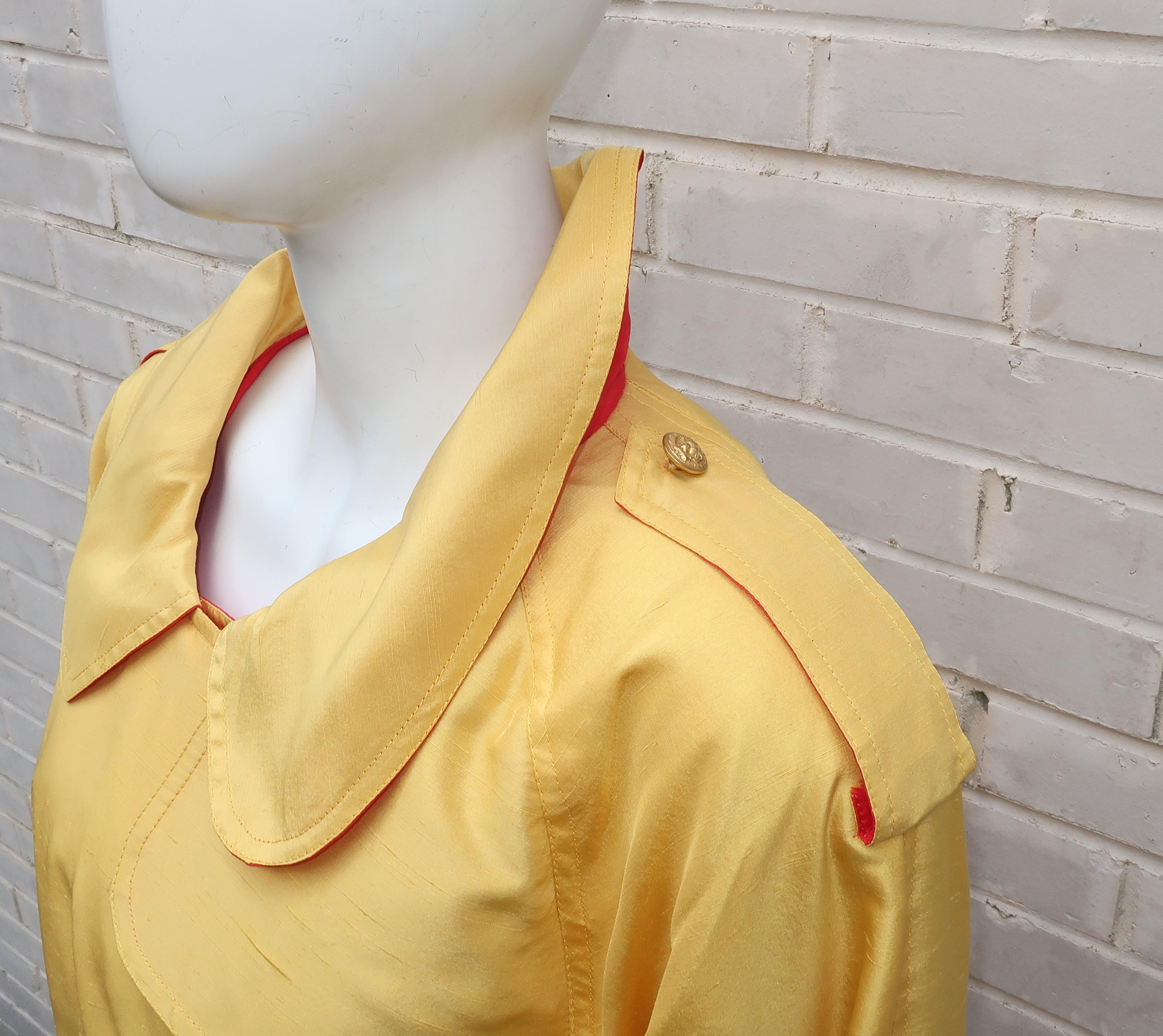 1980's Yellow & Red Shantung Silk Sequin Dress & Trench Coat Set 4
