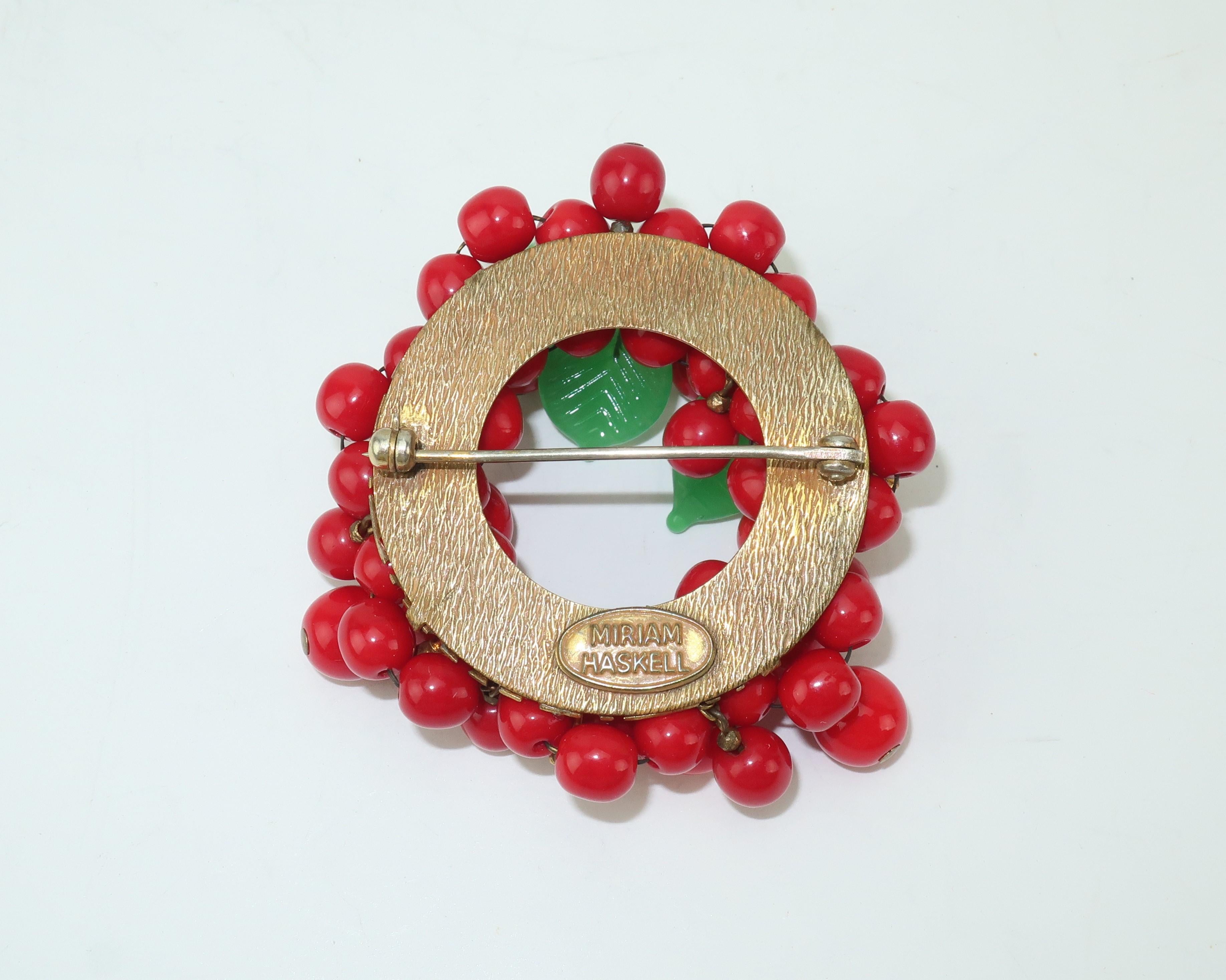 C.1950 Miriam Haskell Red Glass Bead Berries Brooch & Earrings Set 1