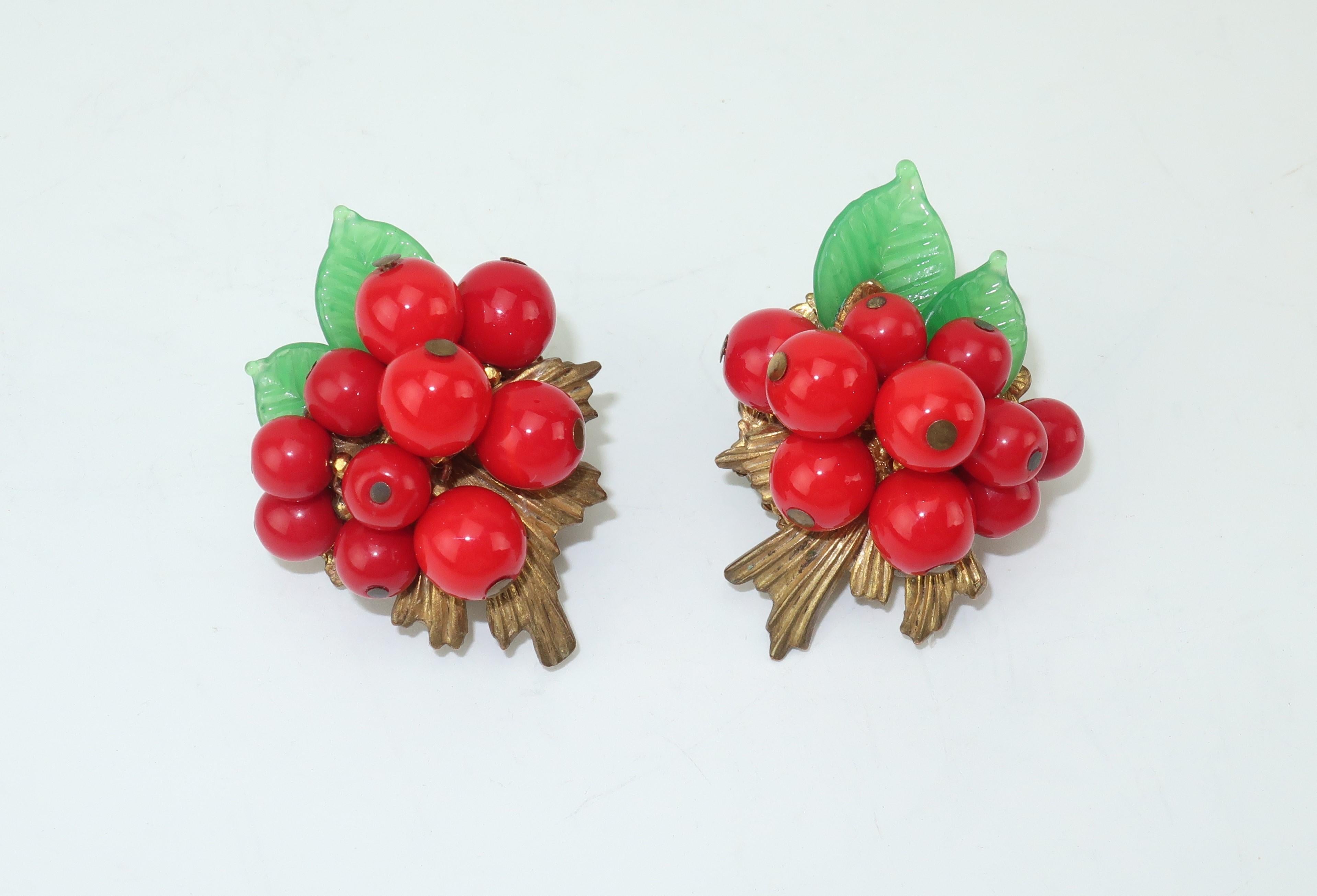 C.1950 Miriam Haskell Red Glass Bead Berries Brooch & Earrings Set 3
