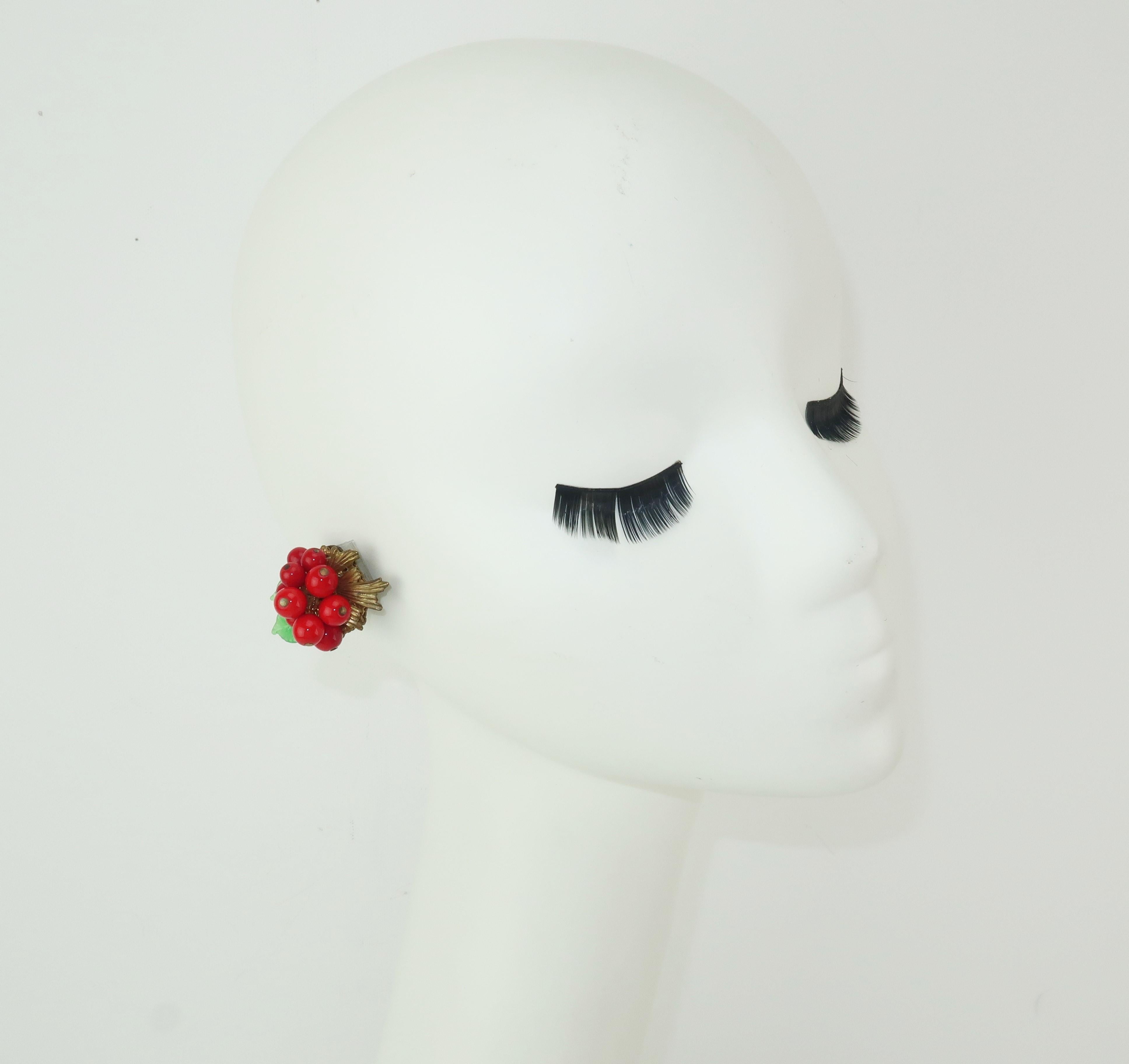 C.1950 Miriam Haskell Red Glass Bead Berries Brooch & Earrings Set 6