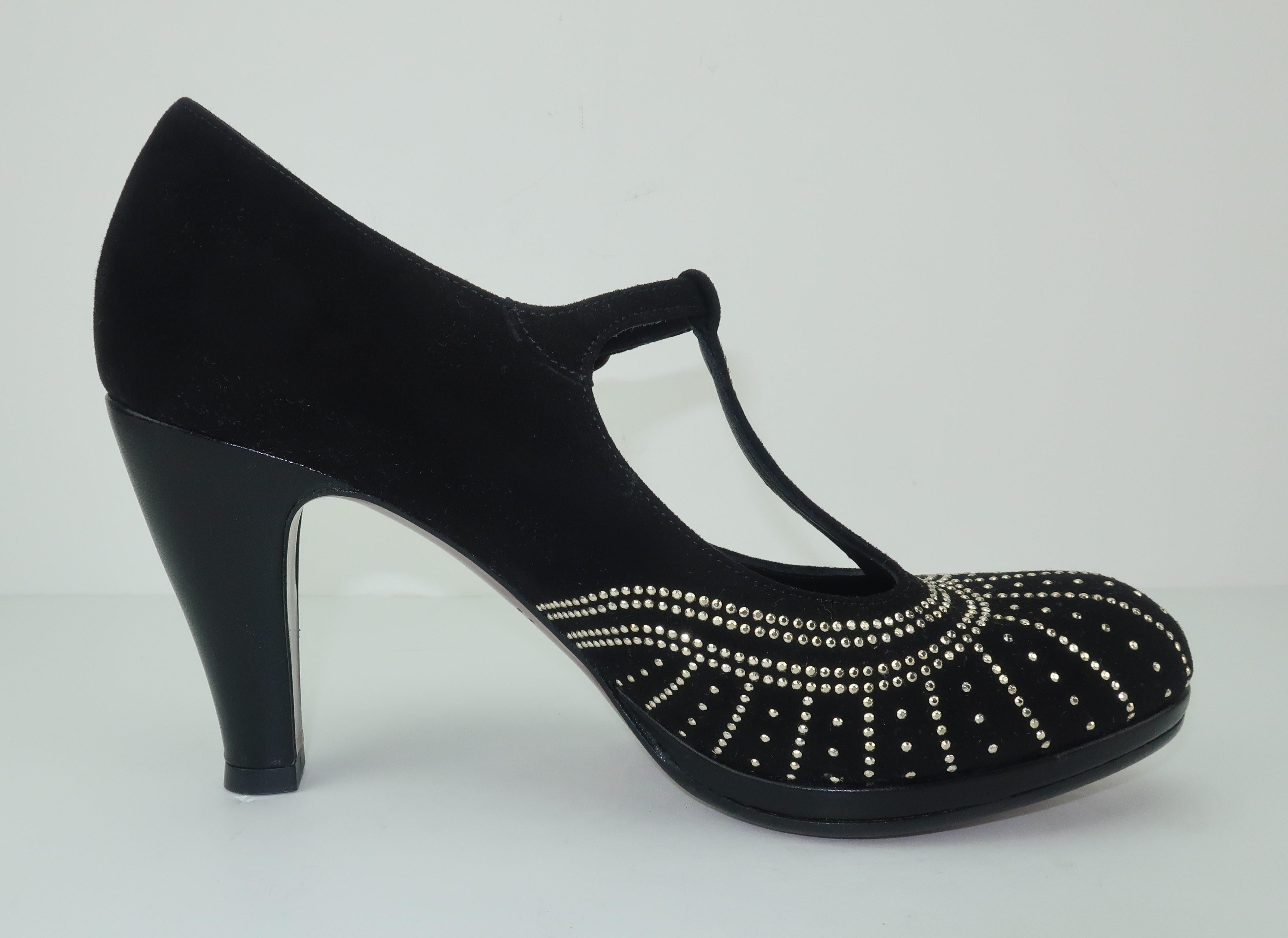 Women's Chie Mihara Black Suede Art Deco Style T Strap Shoes Sz 38