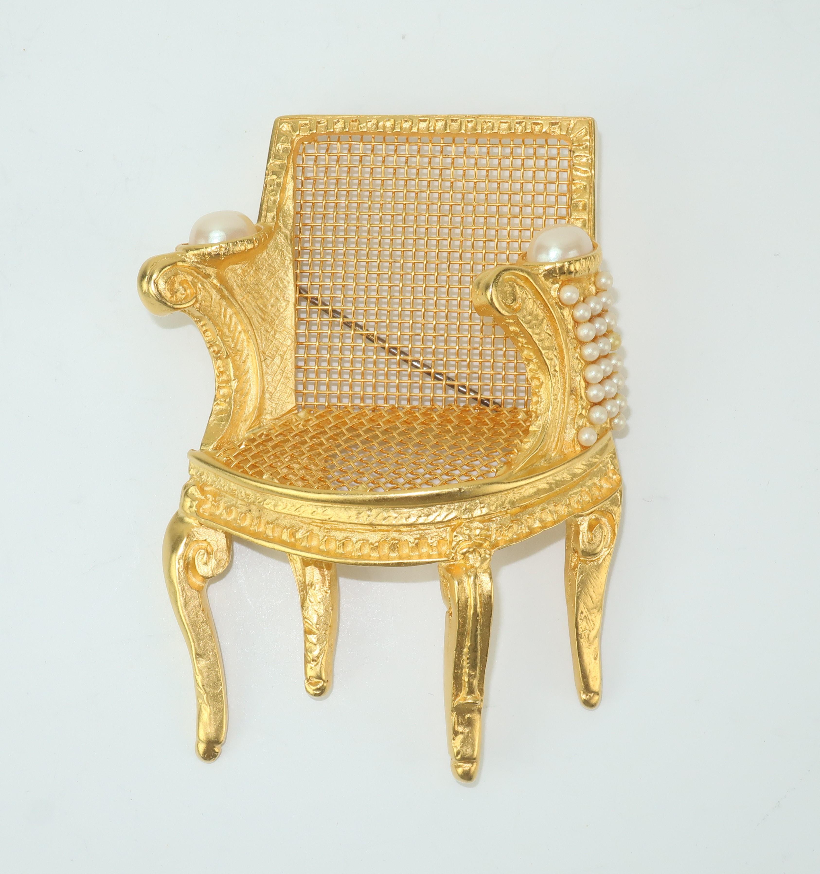 Baroque Revival Large Karl Lagerfeld Gilt Gold 3-D Chair Brooch With Pearls